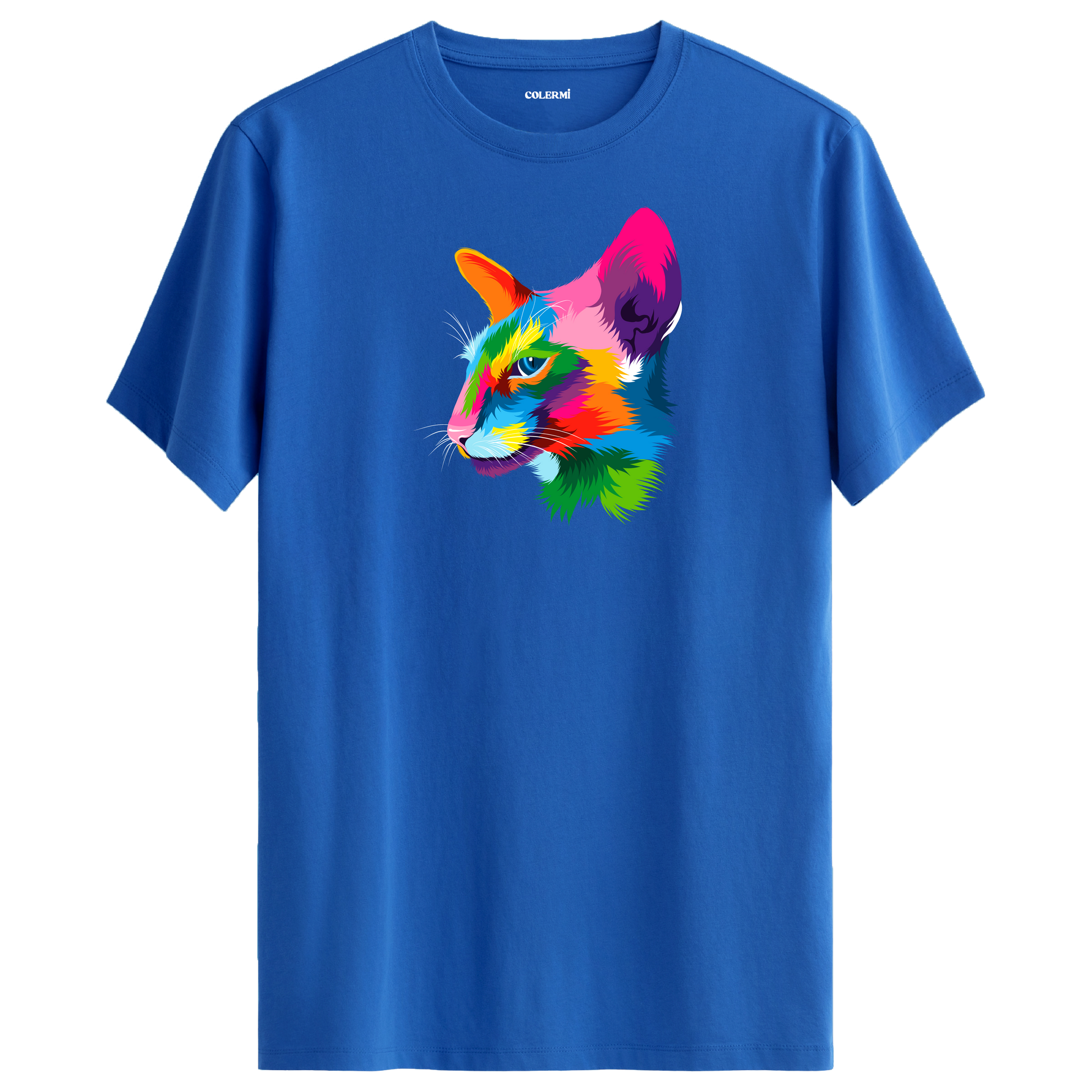 Mavi tişört üzerinde renkli Orion kedi baskısı