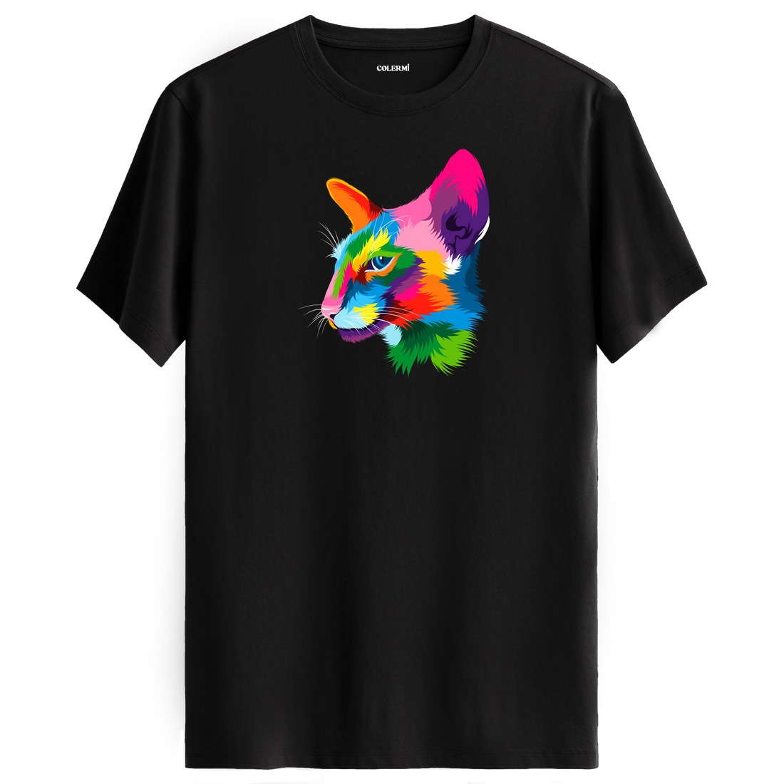Siyah tişört üzerinde renkli Orion kedi baskısı
