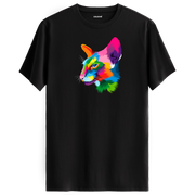 Siyah tişört üzerinde renkli Orion kedi baskısı