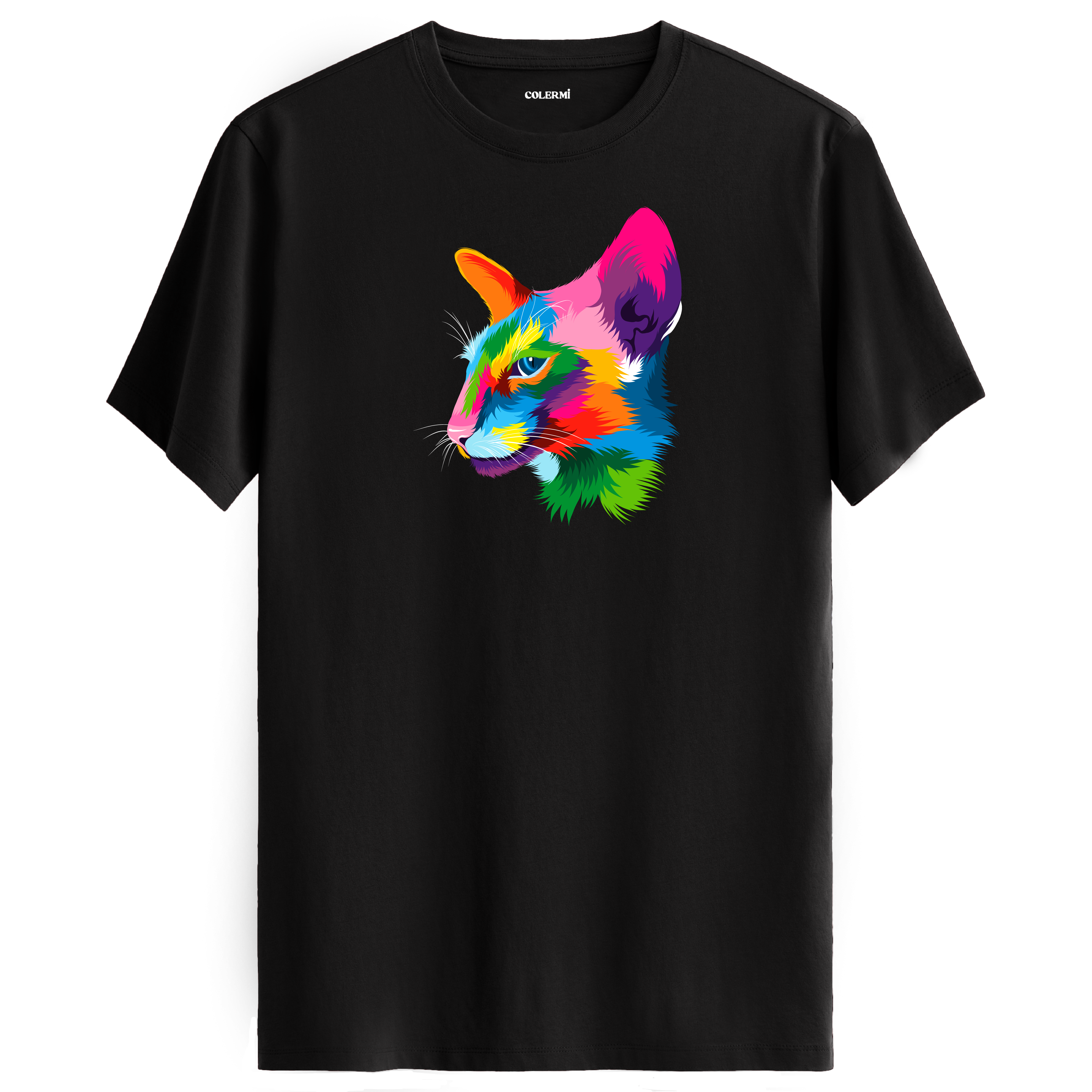Siyah tişört üzerinde renkli Orion kedi baskısı