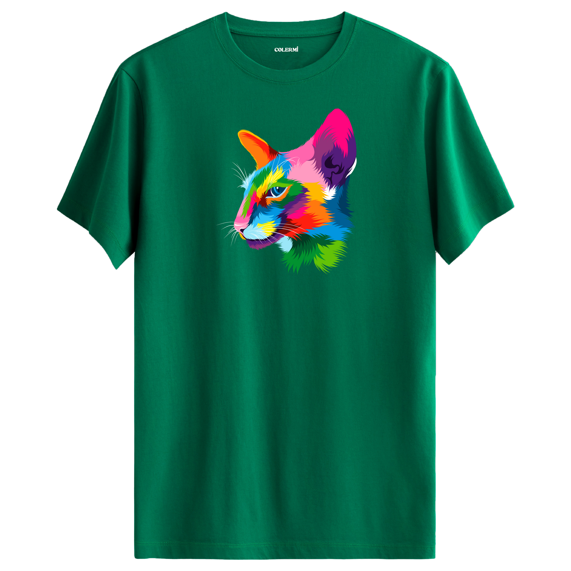 Yeşil tişört üzerinde renkli Orion kedi baskısı