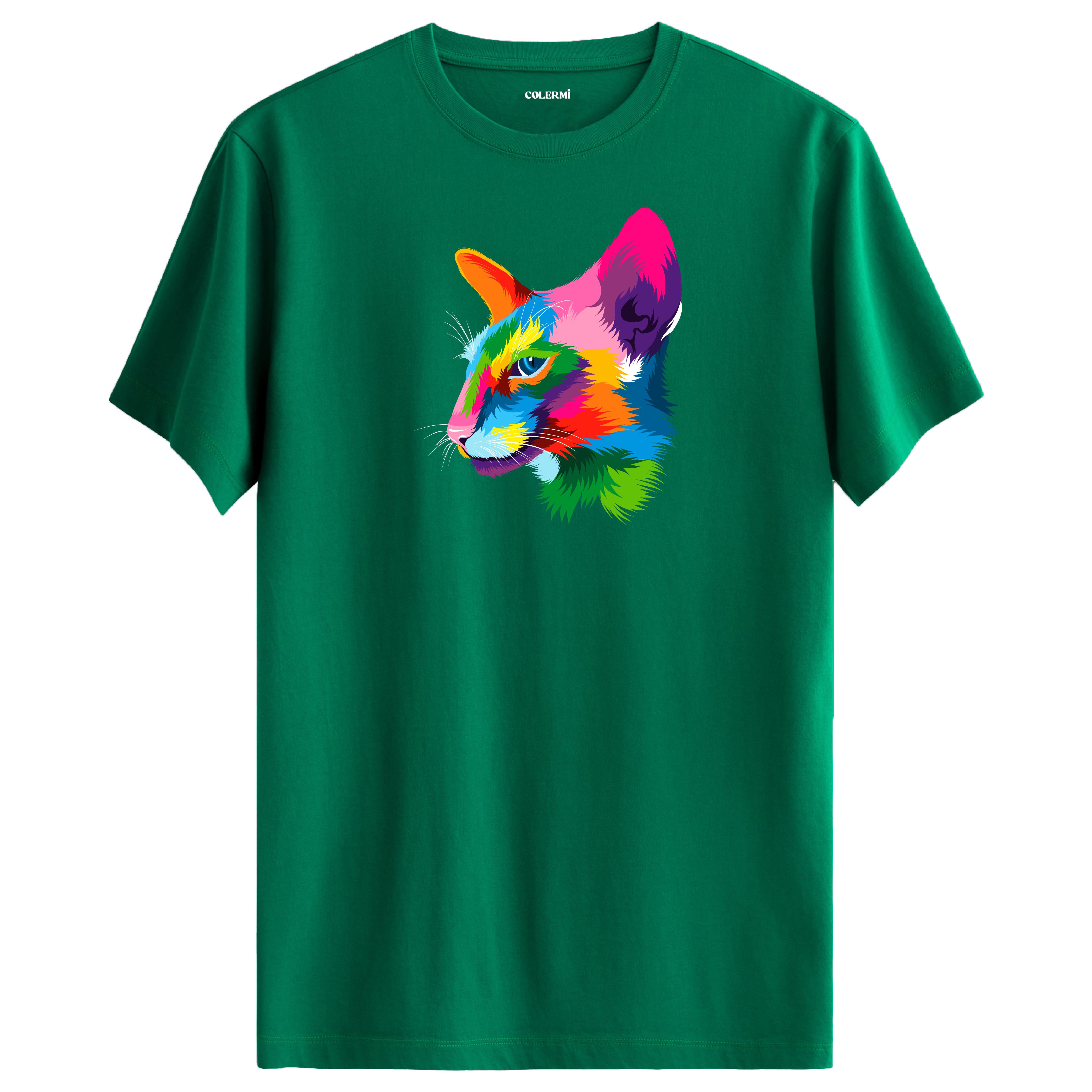 Yeşil tişört üzerinde renkli Orion kedi baskısı