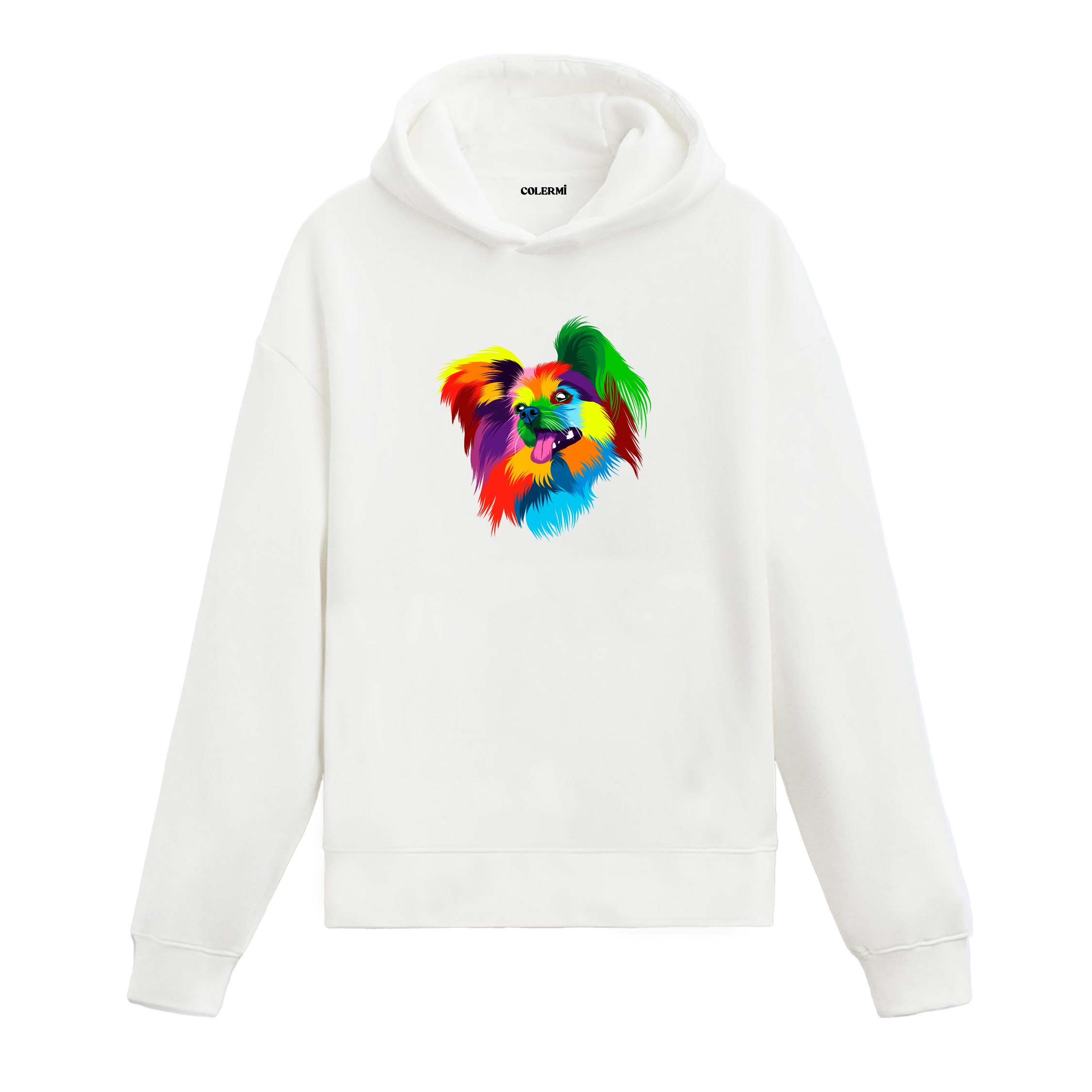 Renkli Papillon köpek baskılı beyaz hoodie