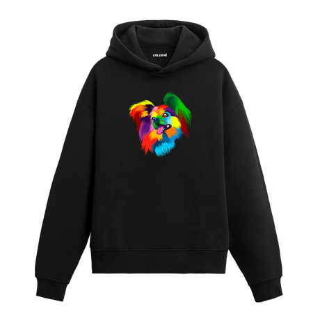 Renkli Papillon köpek baskılı siyah hoodie