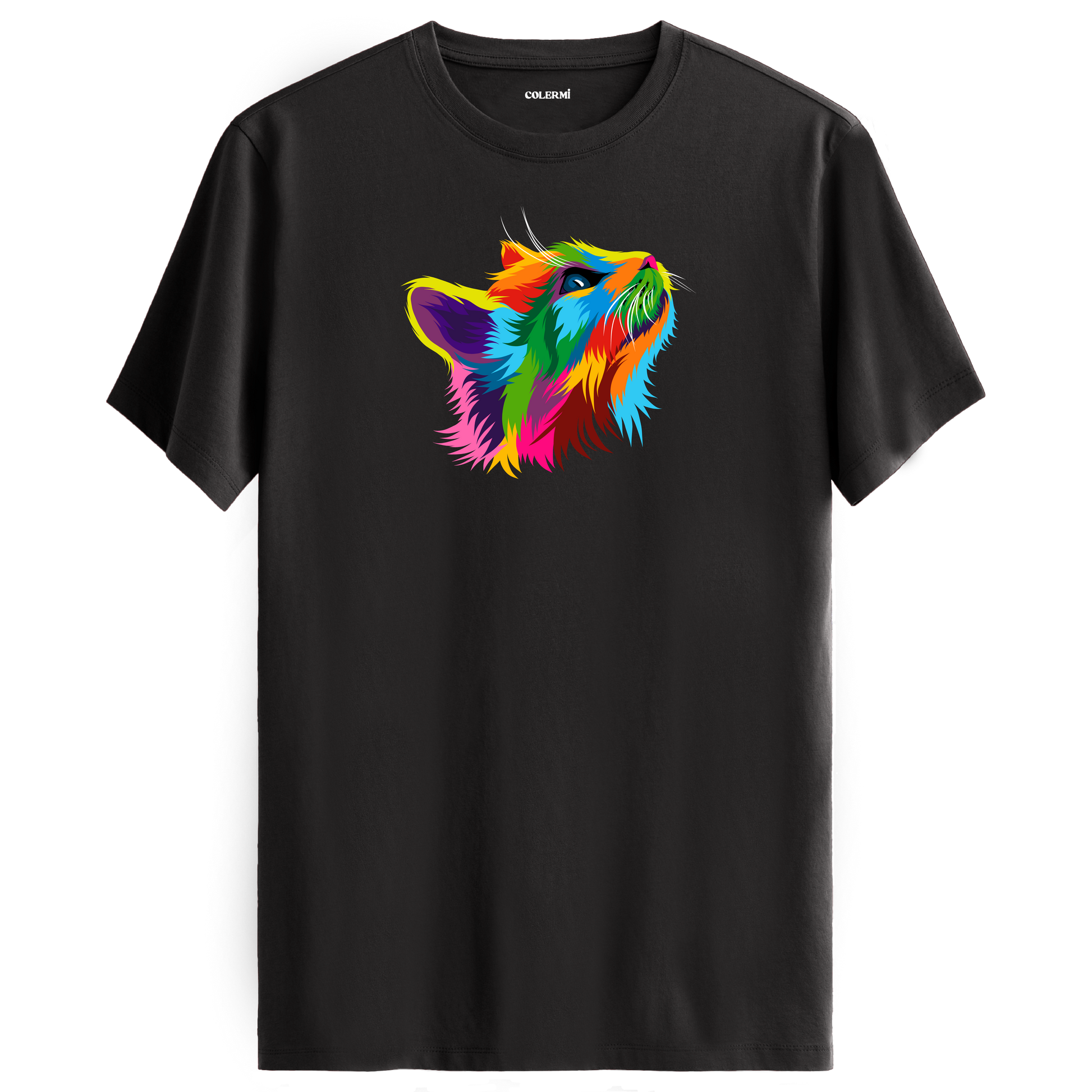 Antrasit tişört üzerinde renkli Pixie kedi baskısı