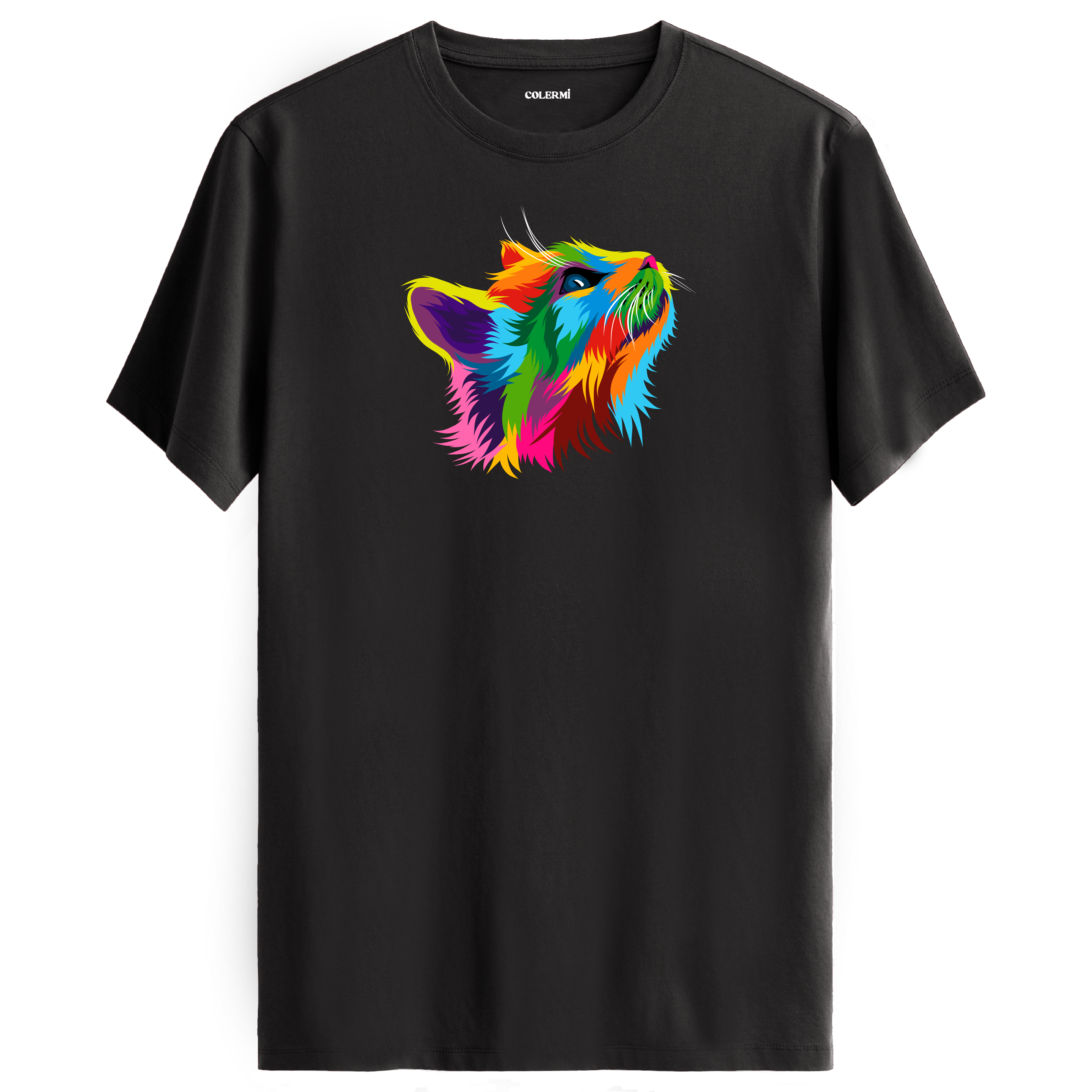 Antrasit tişört üzerinde renkli Pixie kedi baskısı