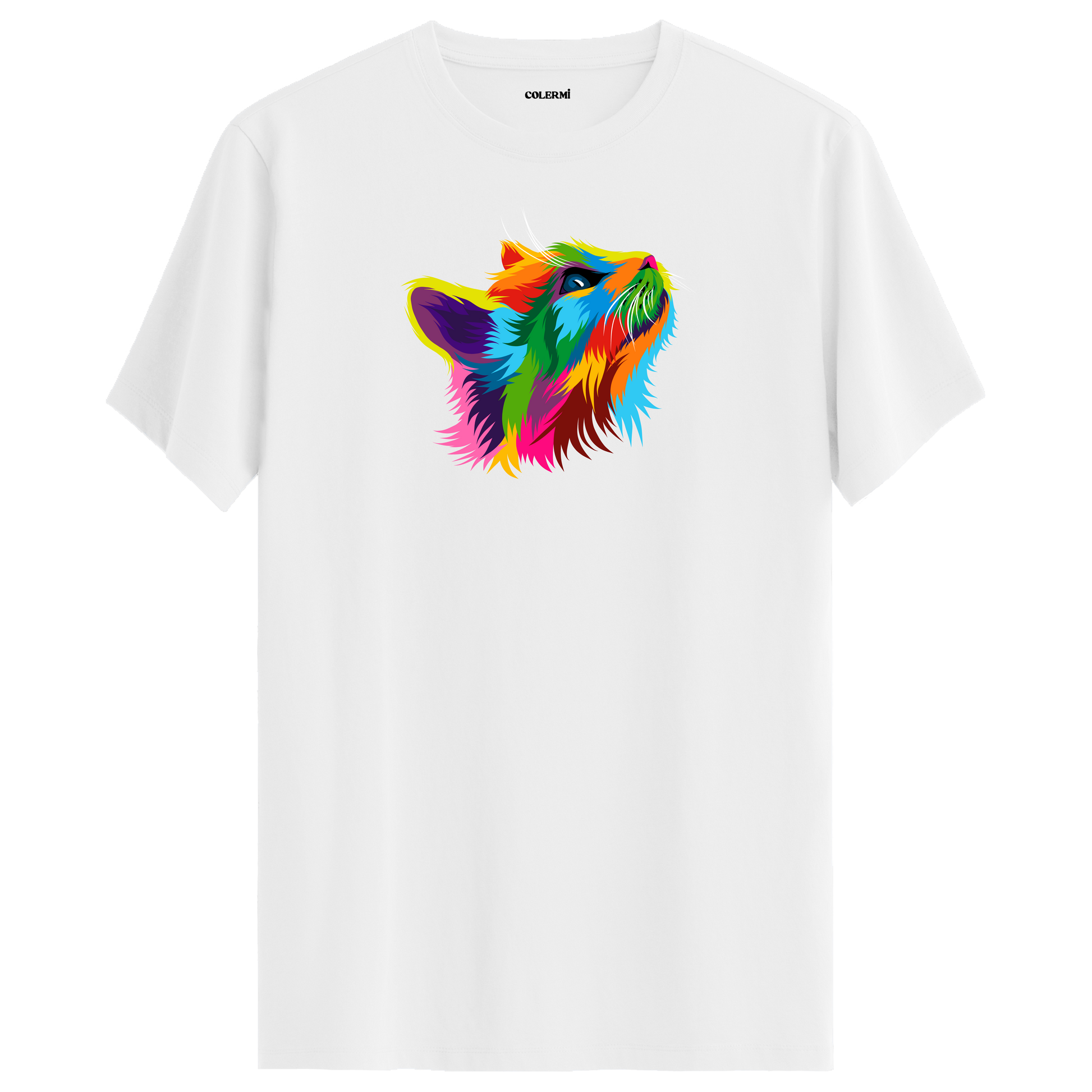 Beyaz tişört üzerinde renkli Pixie kedi baskısı