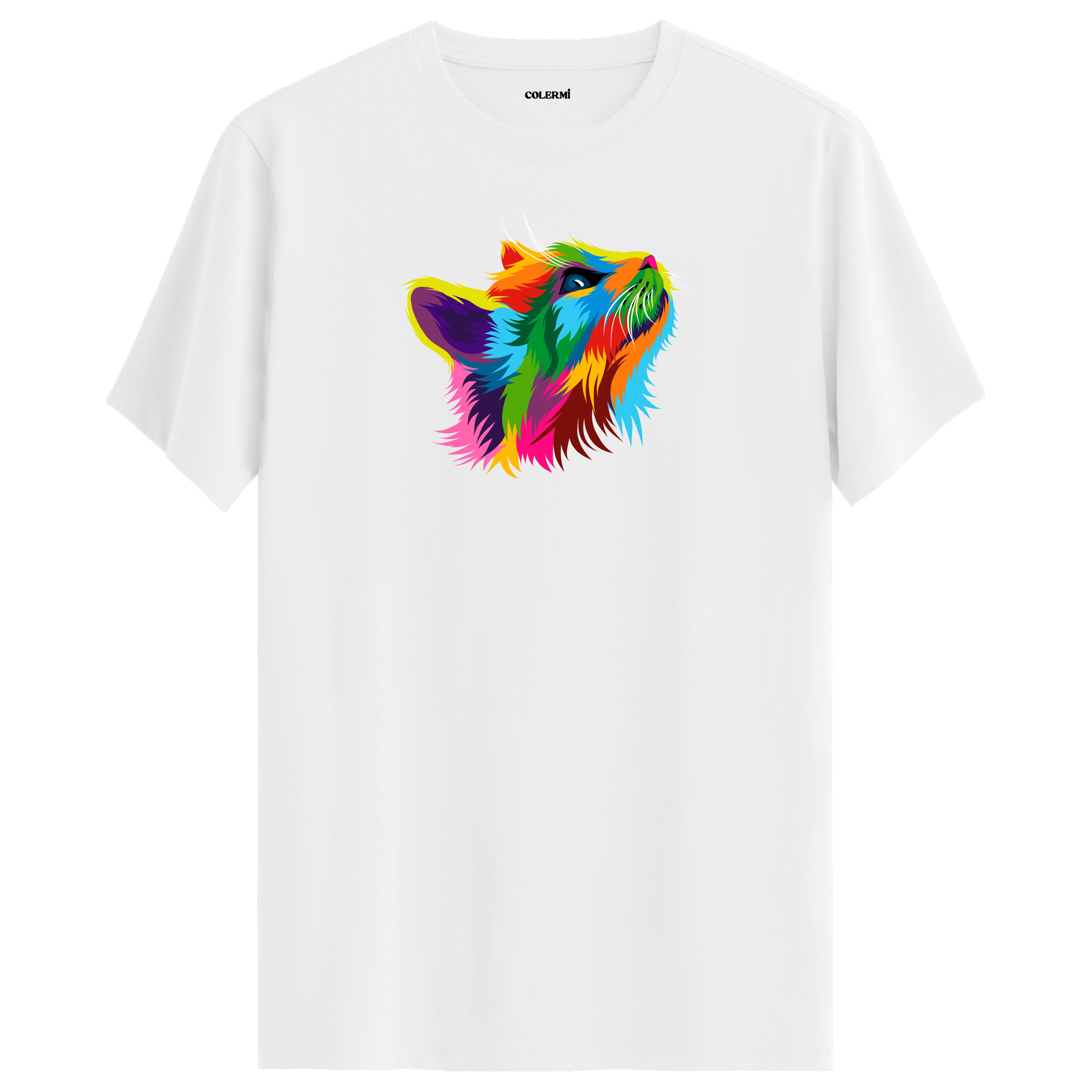 Beyaz tişört üzerinde renkli Pixie kedi baskısı