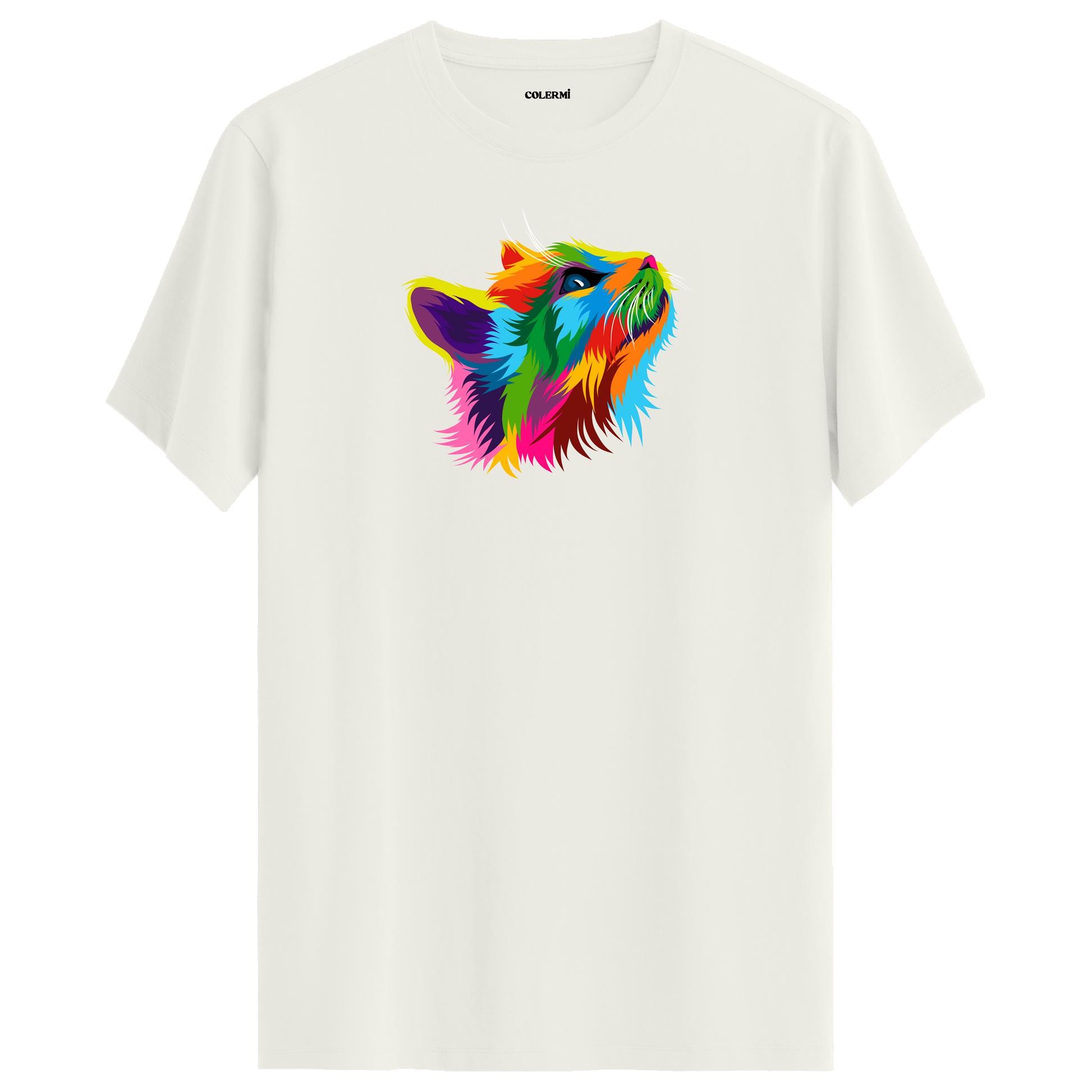 Ekru tişört üzerinde renkli Pixie kedi baskısı