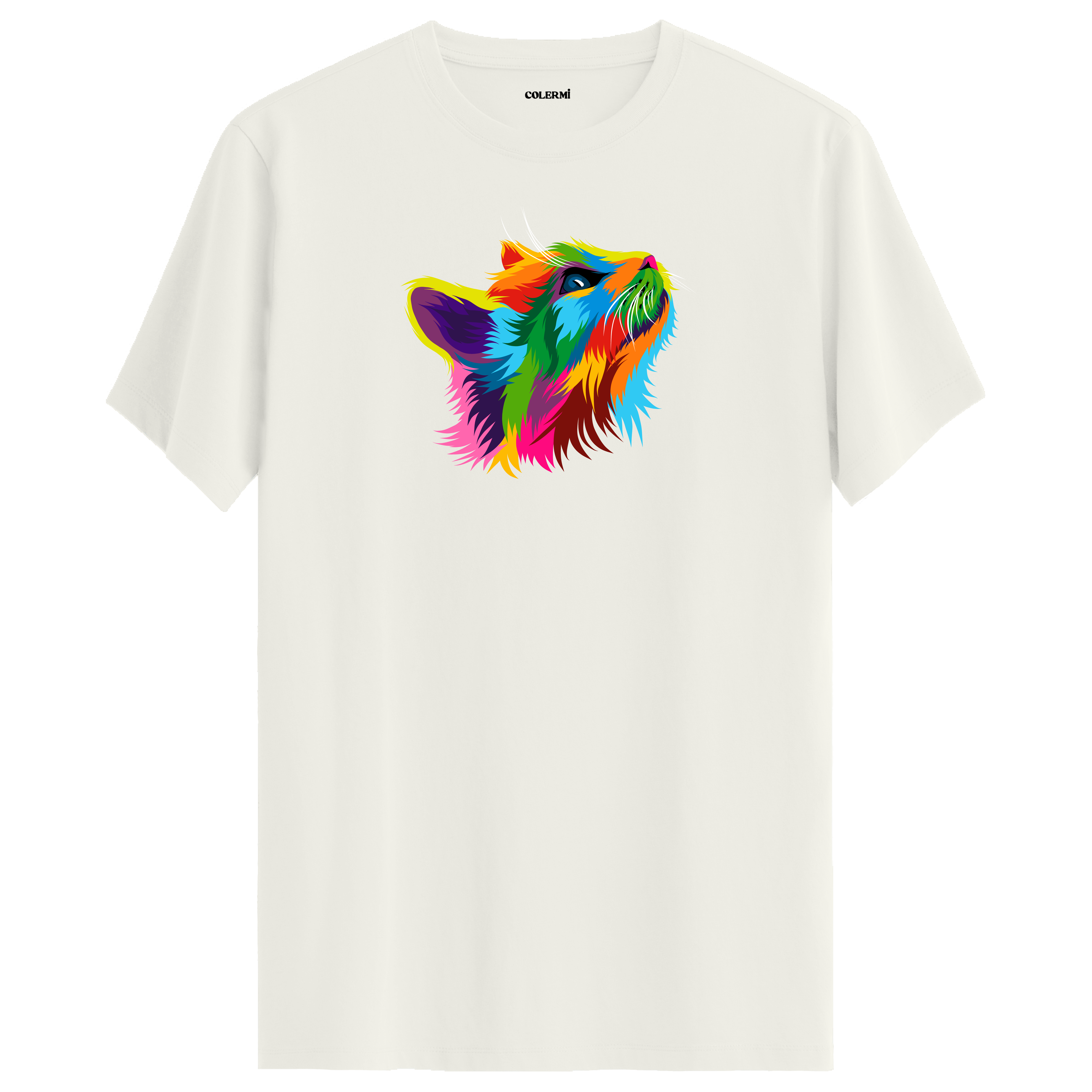 Ekru tişört üzerinde renkli Pixie kedi baskısı