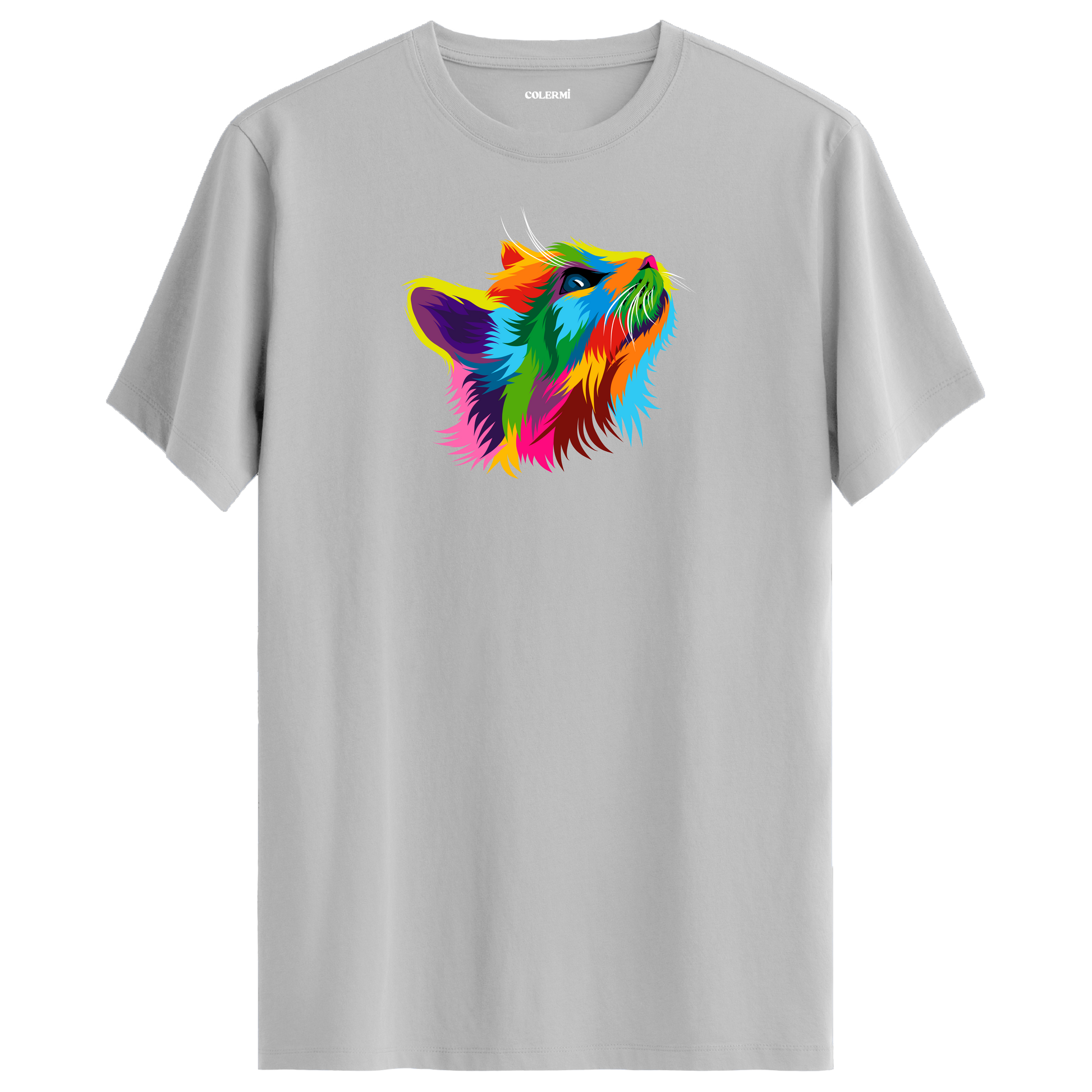 Gri tişört üzerinde renkli Pixie kedi baskısı