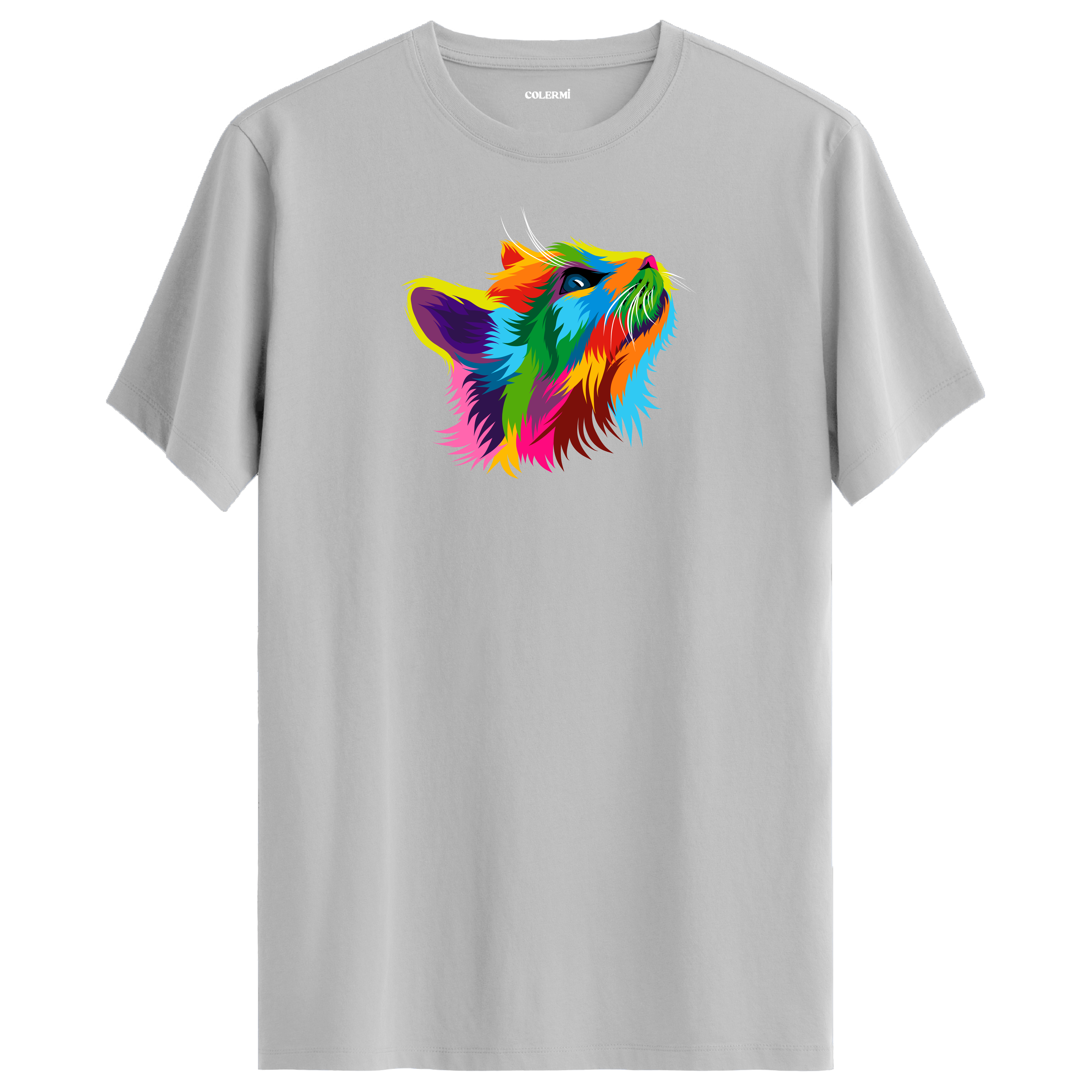 Gri tişört üzerinde renkli Pixie kedi baskısı