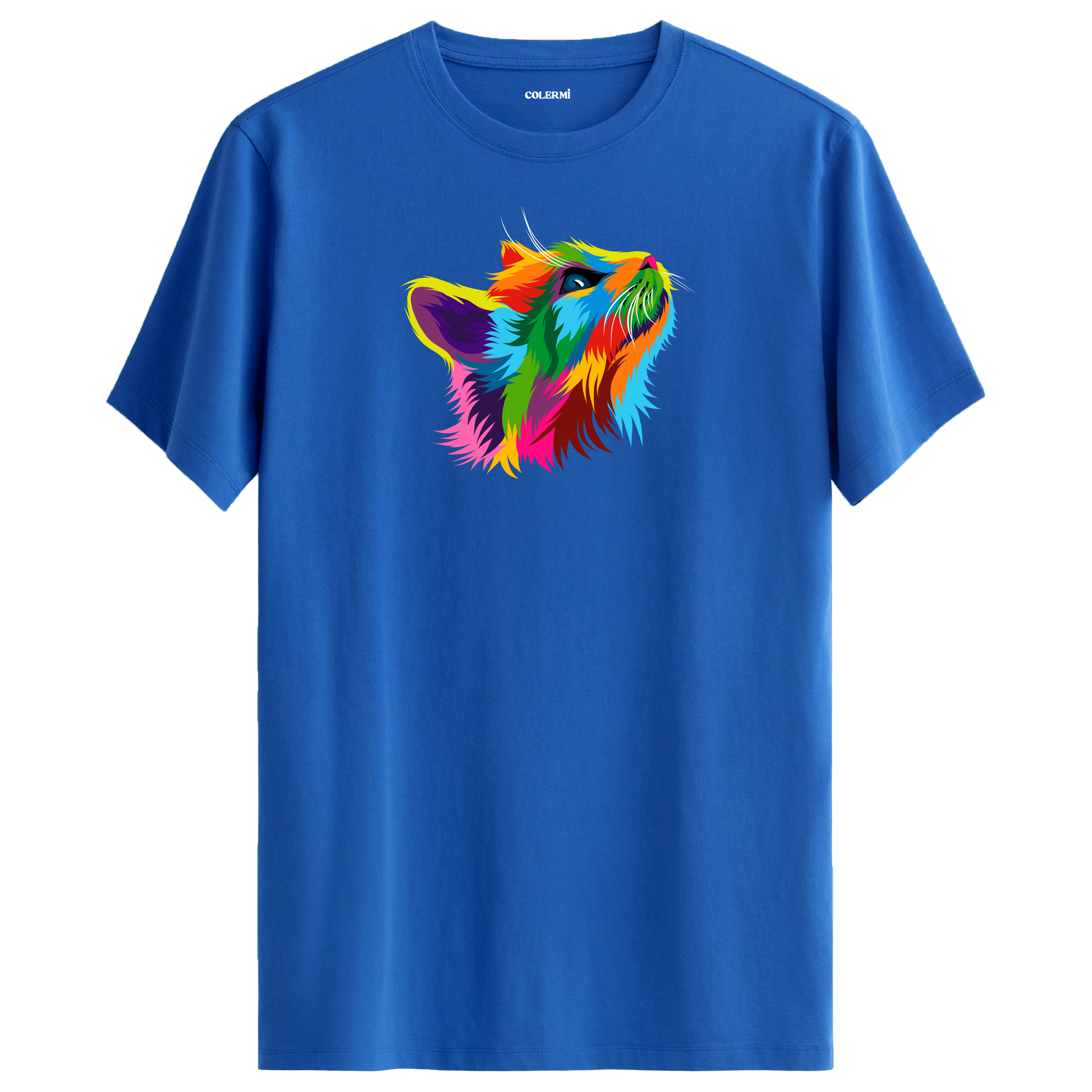 Mavi tişört üzerinde renkli Pixie kedi baskısı