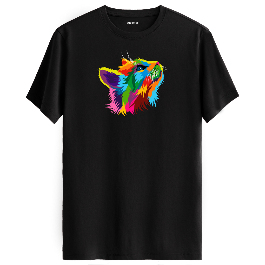 Siyah tişört üzerinde renkli Pixie kedi baskısı