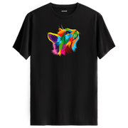 Siyah tişört üzerinde renkli Pixie kedi baskısı
