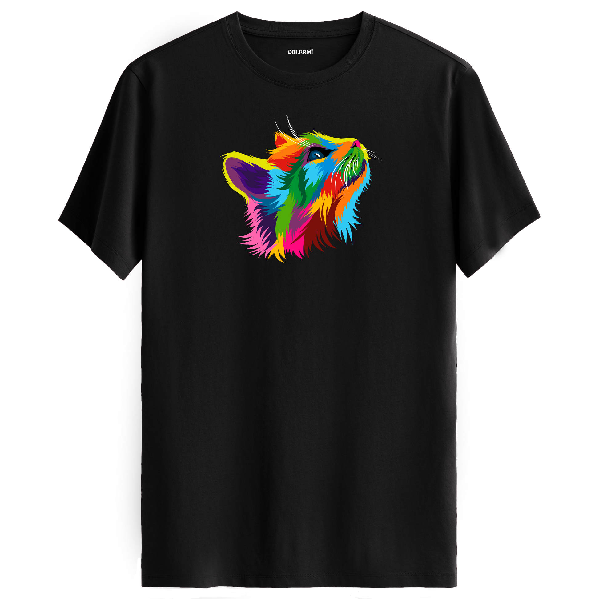 Siyah tişört üzerinde renkli Pixie kedi baskısı