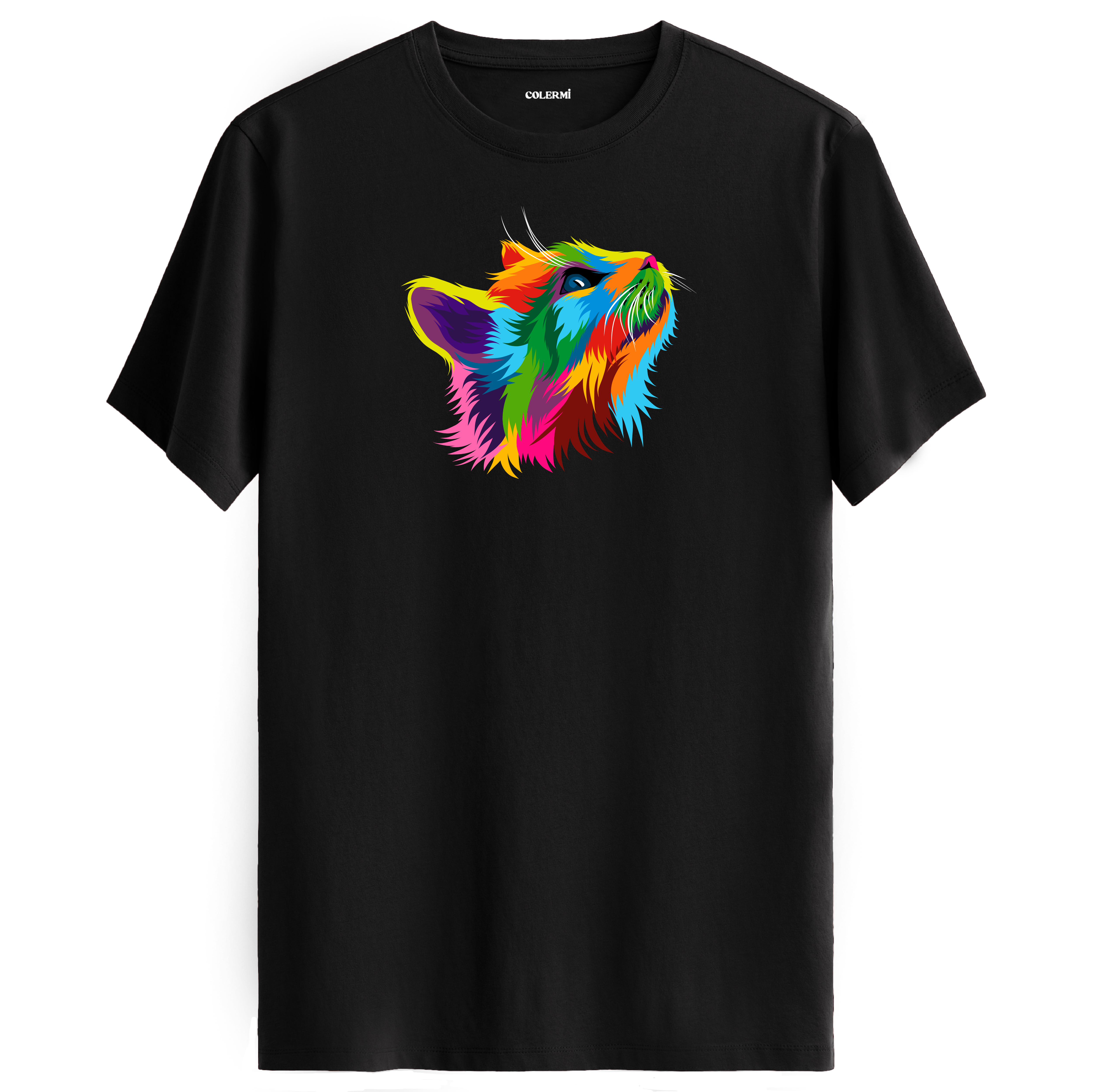 Siyah tişört üzerinde renkli Pixie kedi baskısı