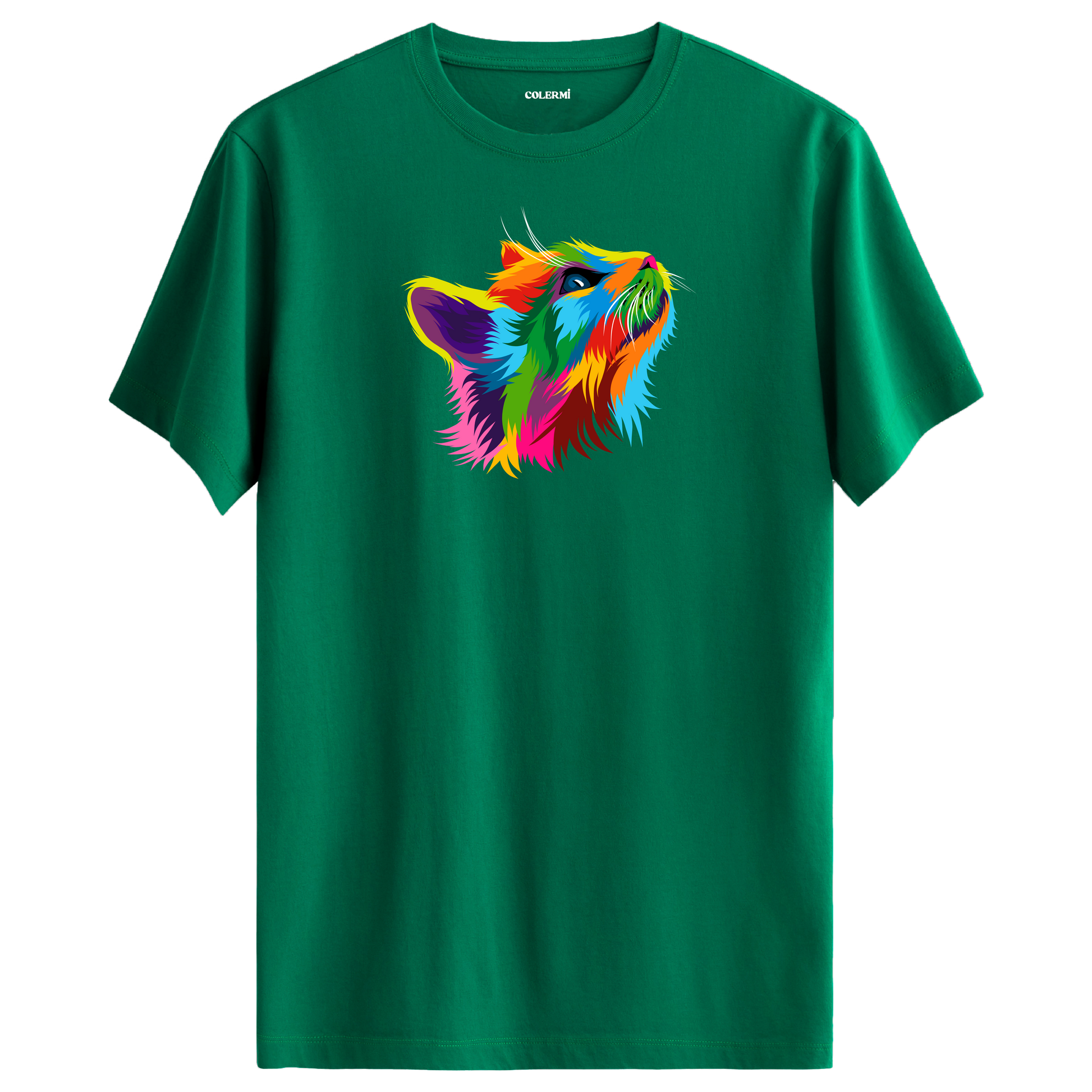 Yeşil tişört üzerinde renkli Pixie kedi baskısı