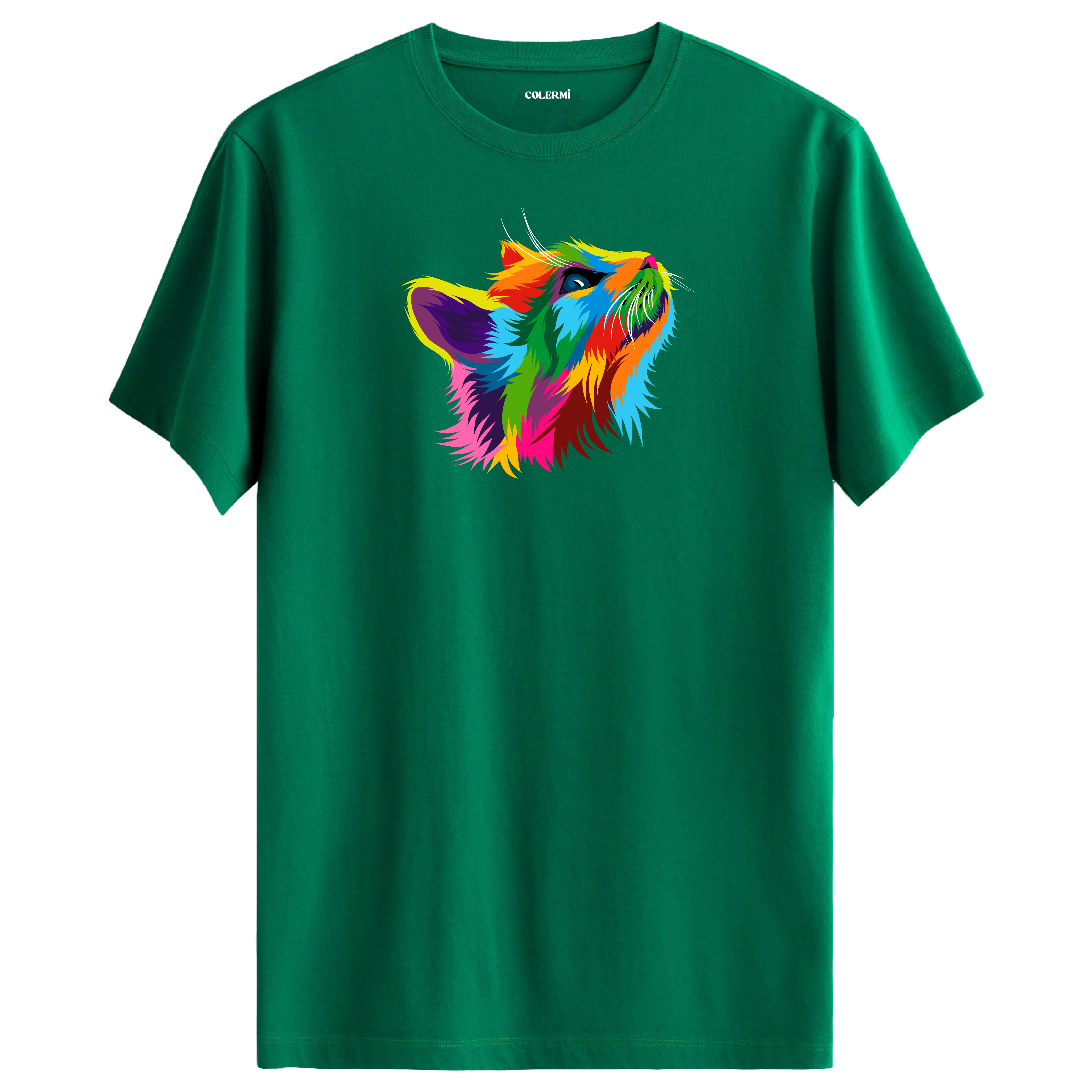 Yeşil tişört üzerinde renkli Pixie kedi baskısı