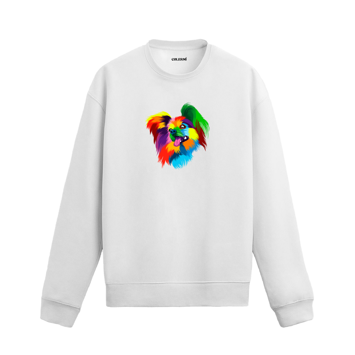Siyah sweatshirt üzerinde renkli Pomeranian köpek baskısı