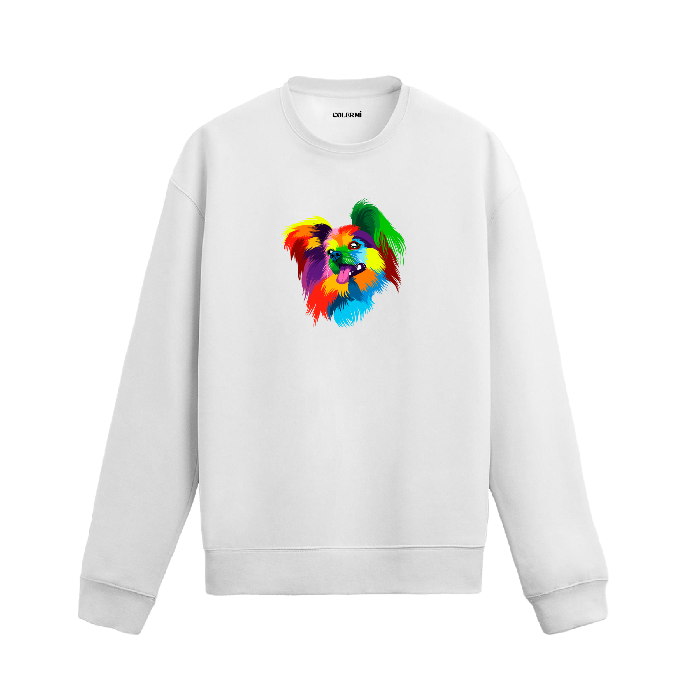 Siyah sweatshirt üzerinde renkli Pomeranian köpek baskısı