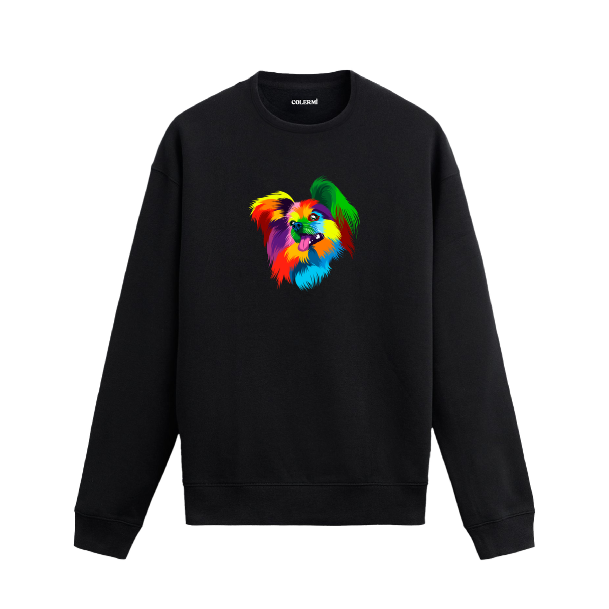 Siyah sweatshirt üzerinde renkli Pomeranian köpek baskısı