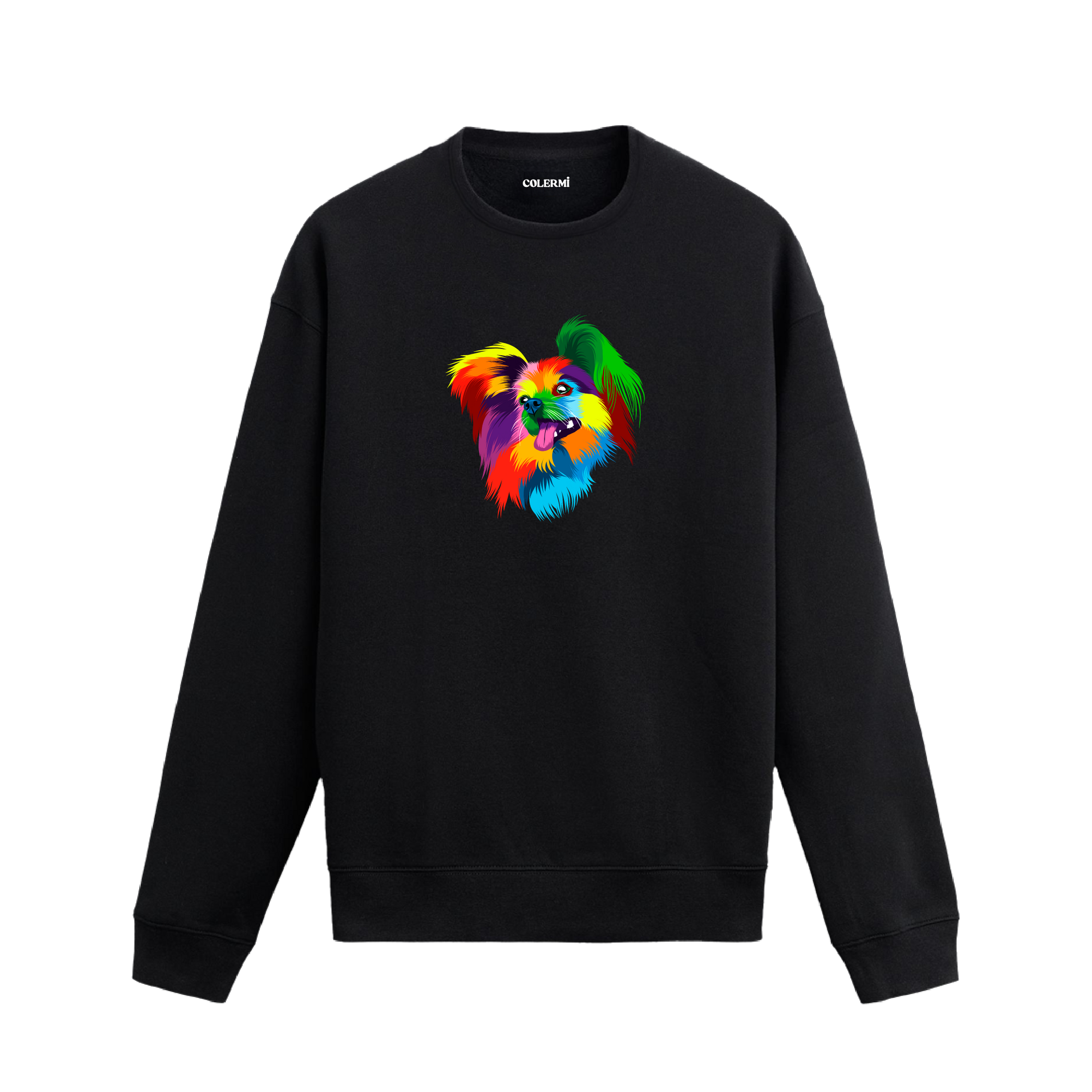 Siyah sweatshirt üzerinde renkli Pomeranian köpek baskısı