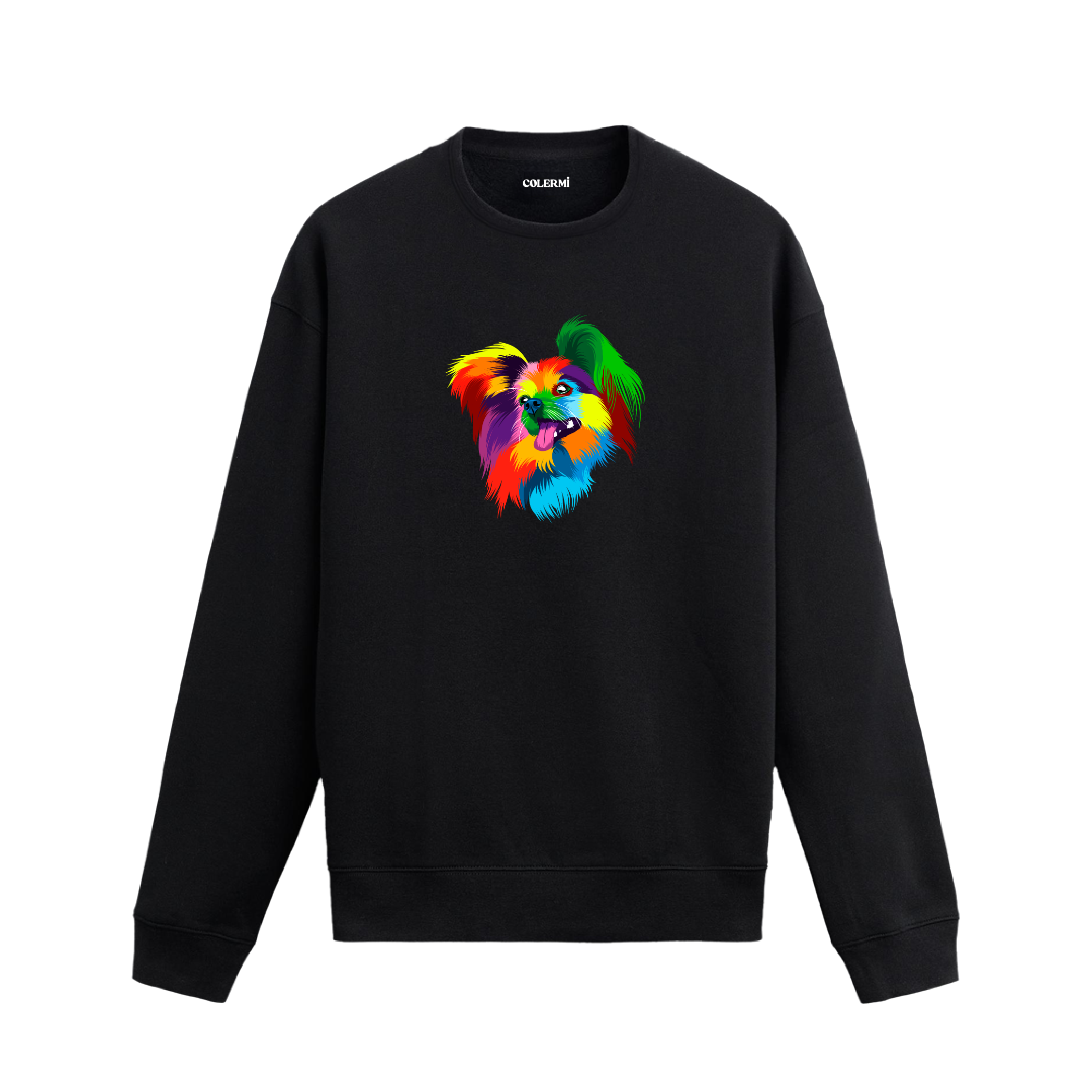 Siyah sweatshirt üzerinde renkli Pomeranian köpek baskısı