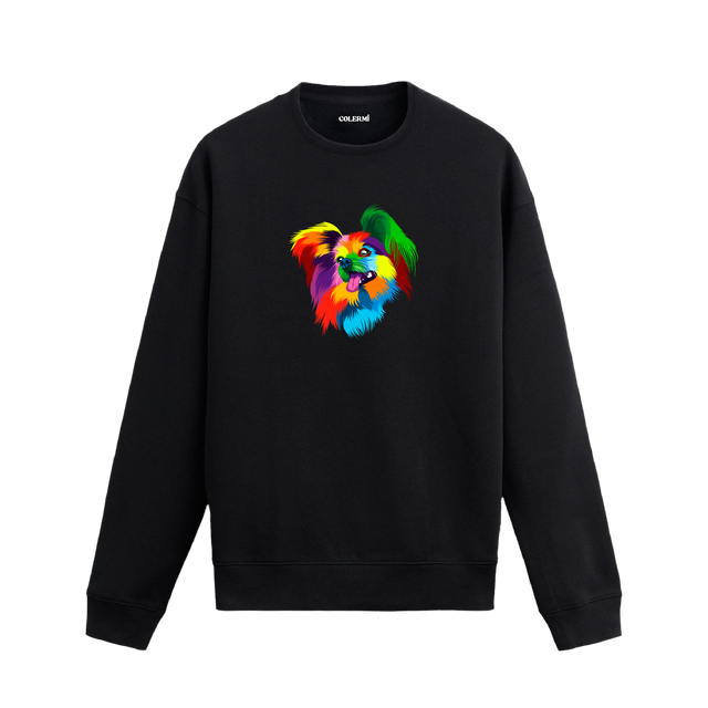 Siyah sweatshirt üzerinde renkli Pomeranian köpek baskısı