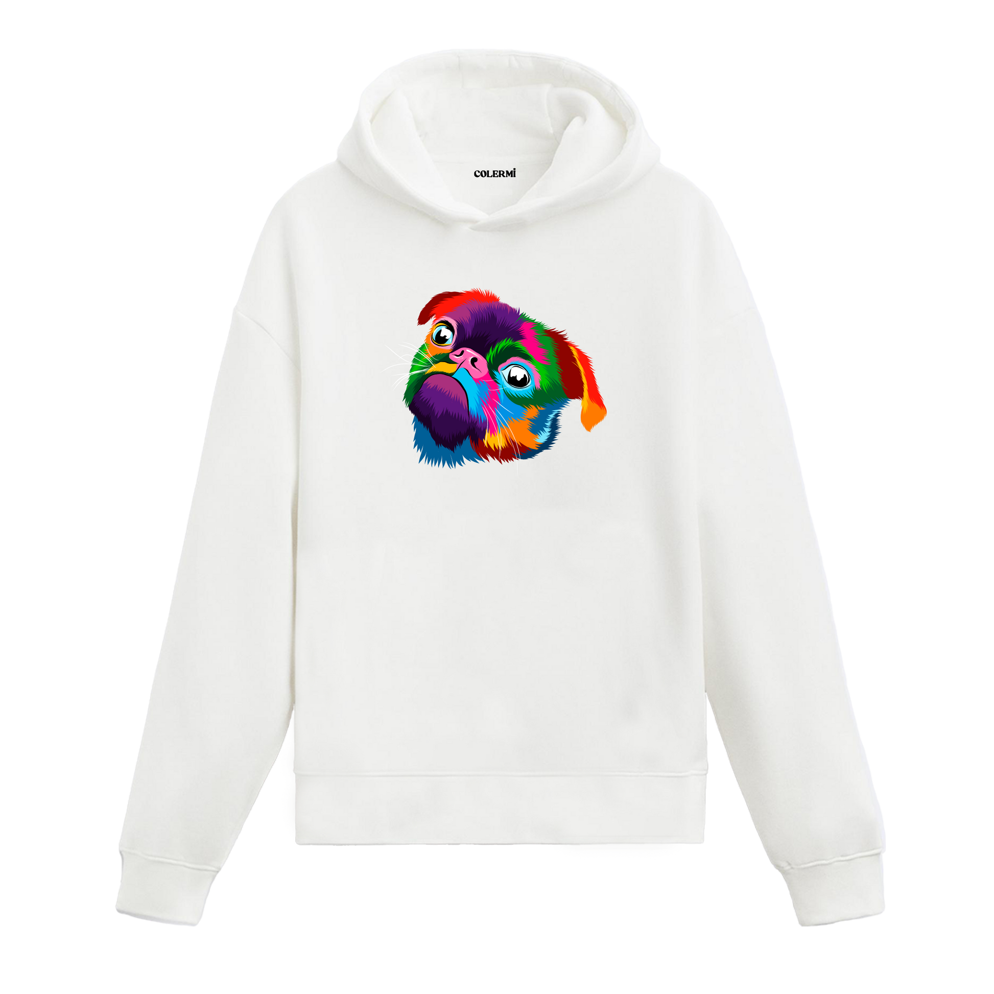 Renkli pug baskılı beyaz Colermi hoodie