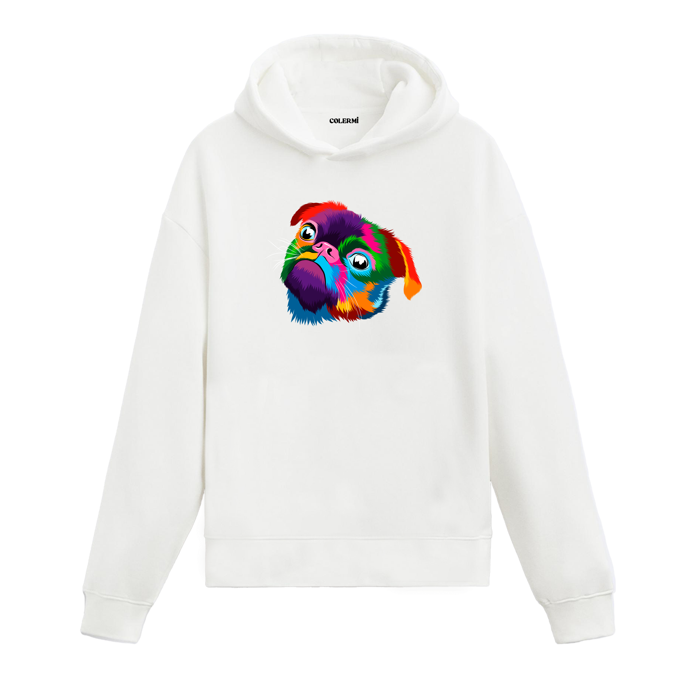 Renkli pug baskılı beyaz Colermi hoodie