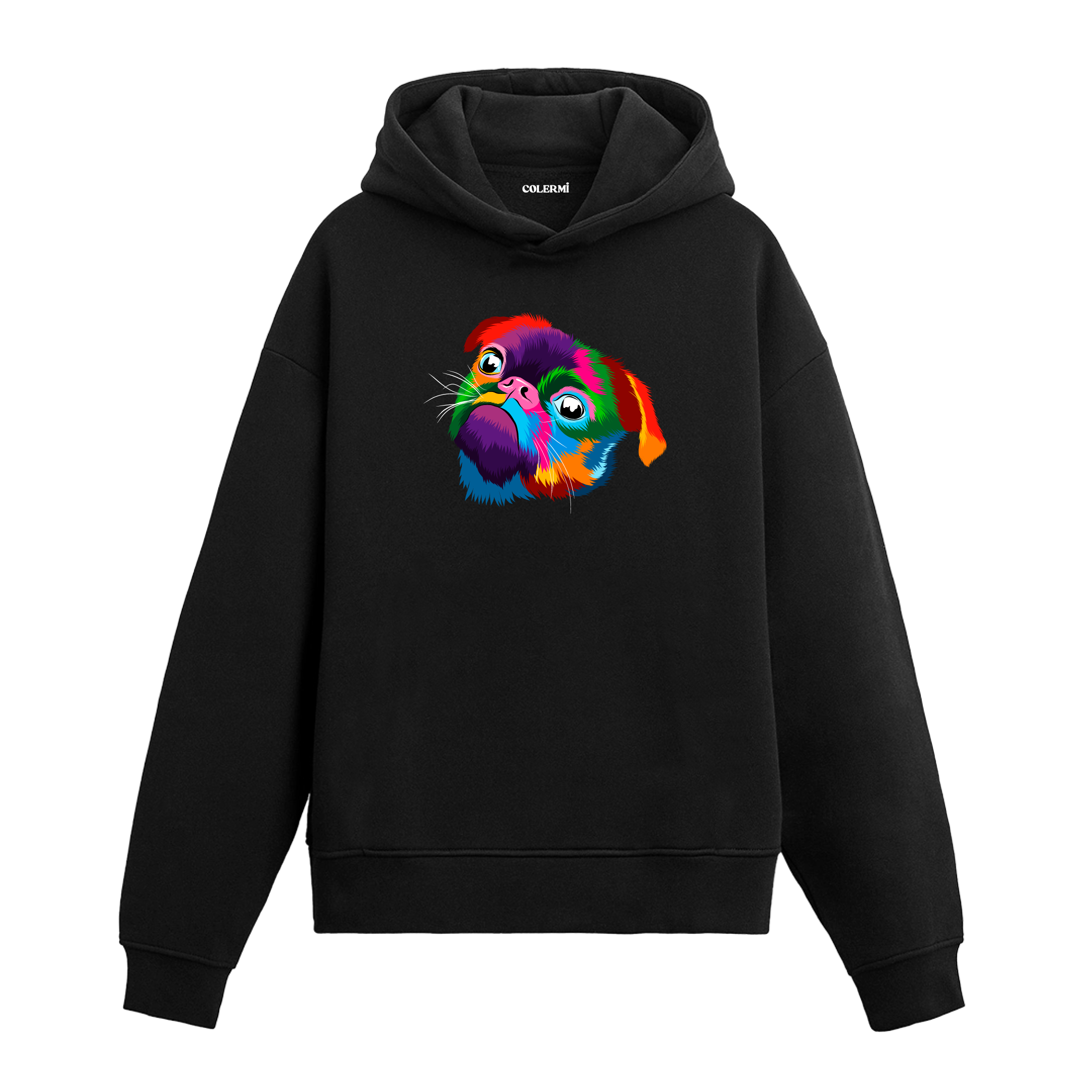 Renkli pug baskılı siyah Colermi hoodie
