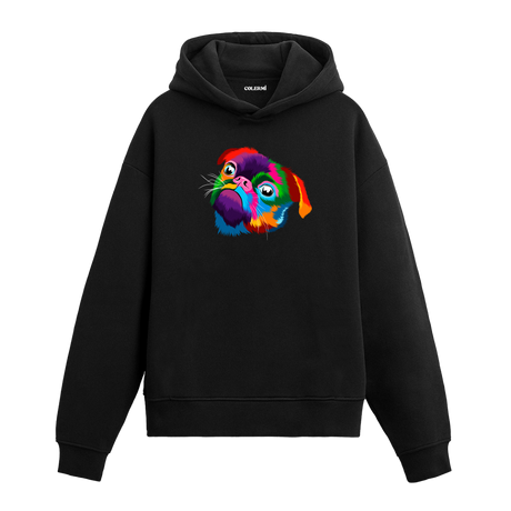 Renkli pug baskılı siyah Colermi hoodie