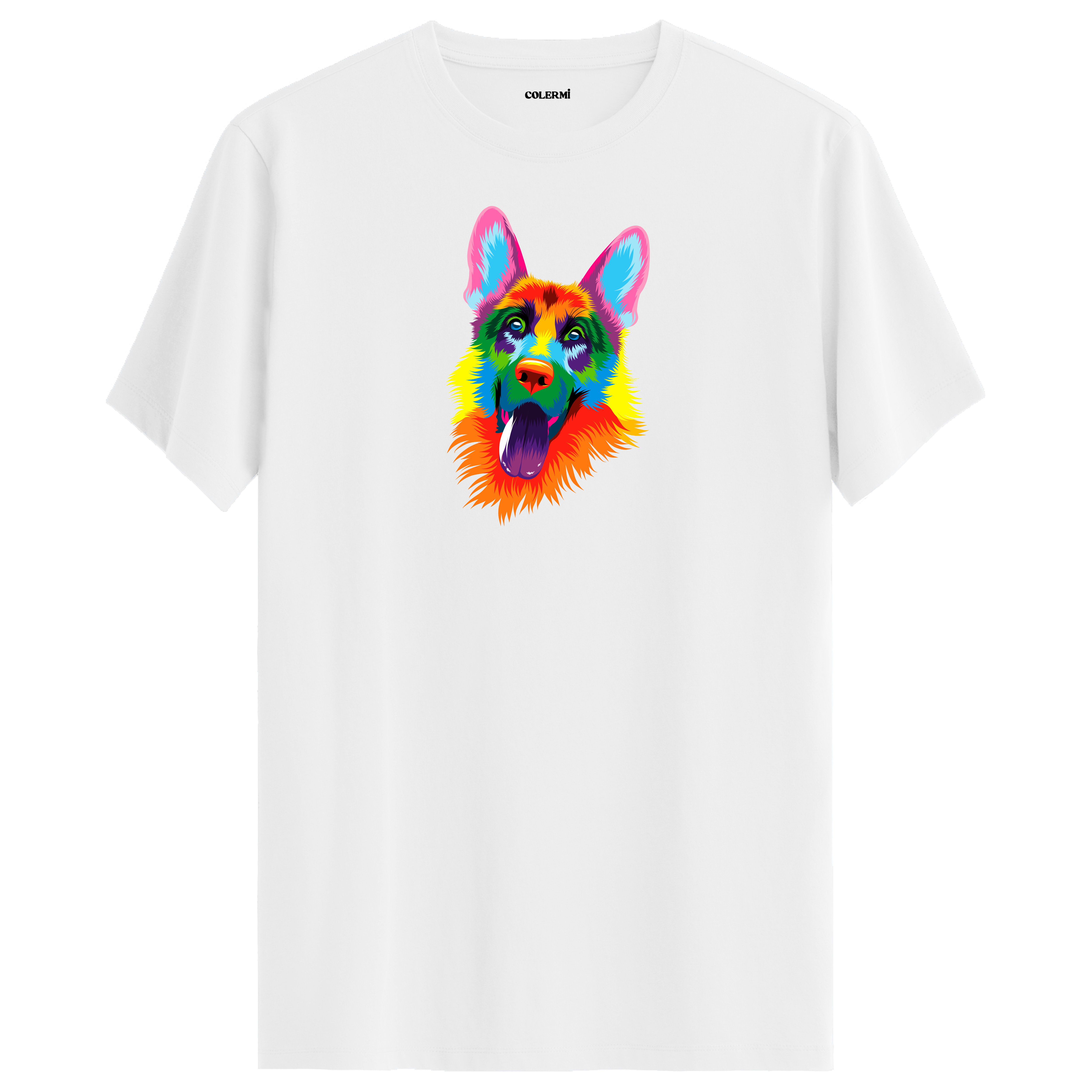 Beyaz tişört üzerinde renkli Rex Alman Çoban Köpeği baskısı