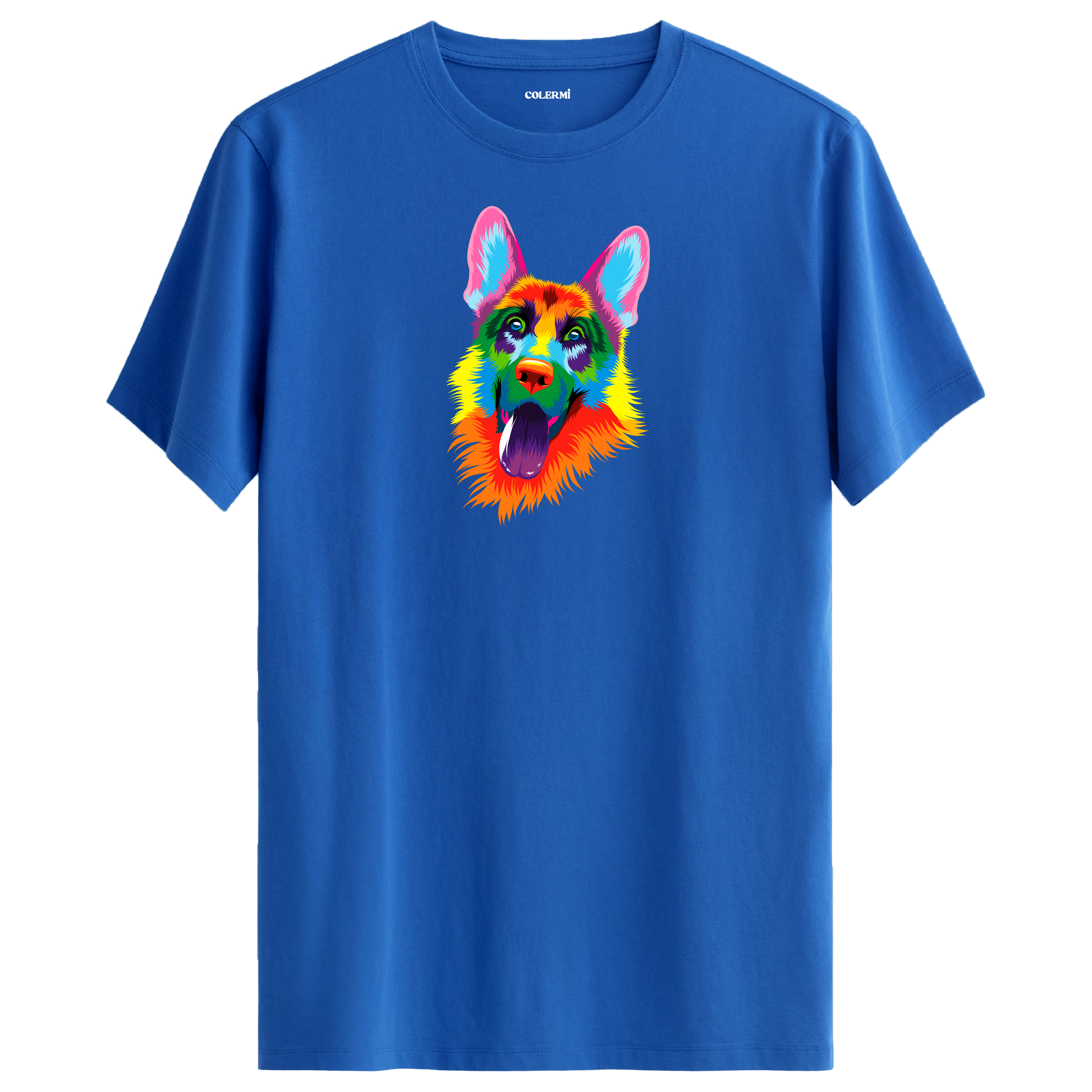 Mavi tişört üzerinde renkli Rex Alman Çoban Köpeği baskısı