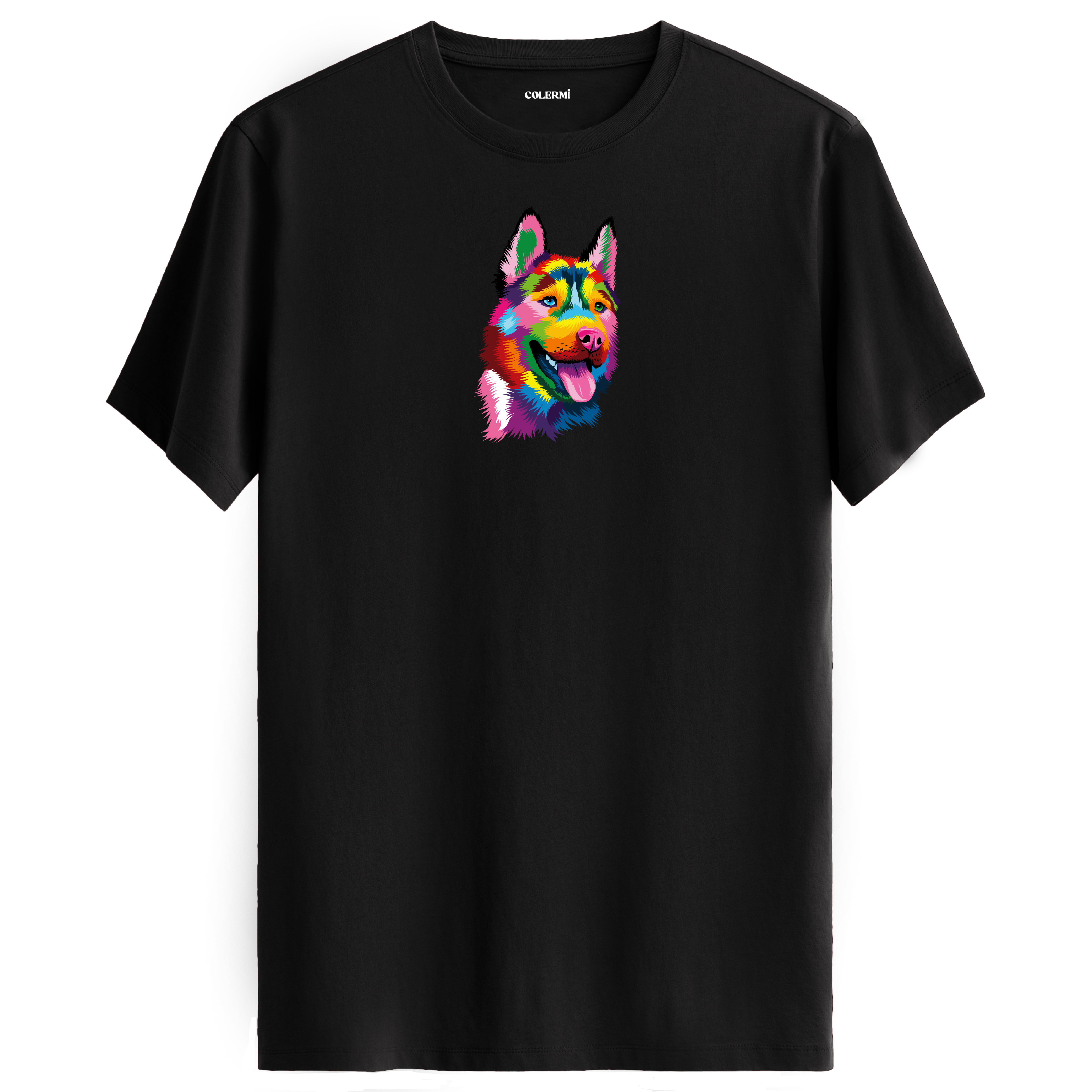 Siyah tişört üzerinde renkli Rex Alman Çoban Köpeği baskısı