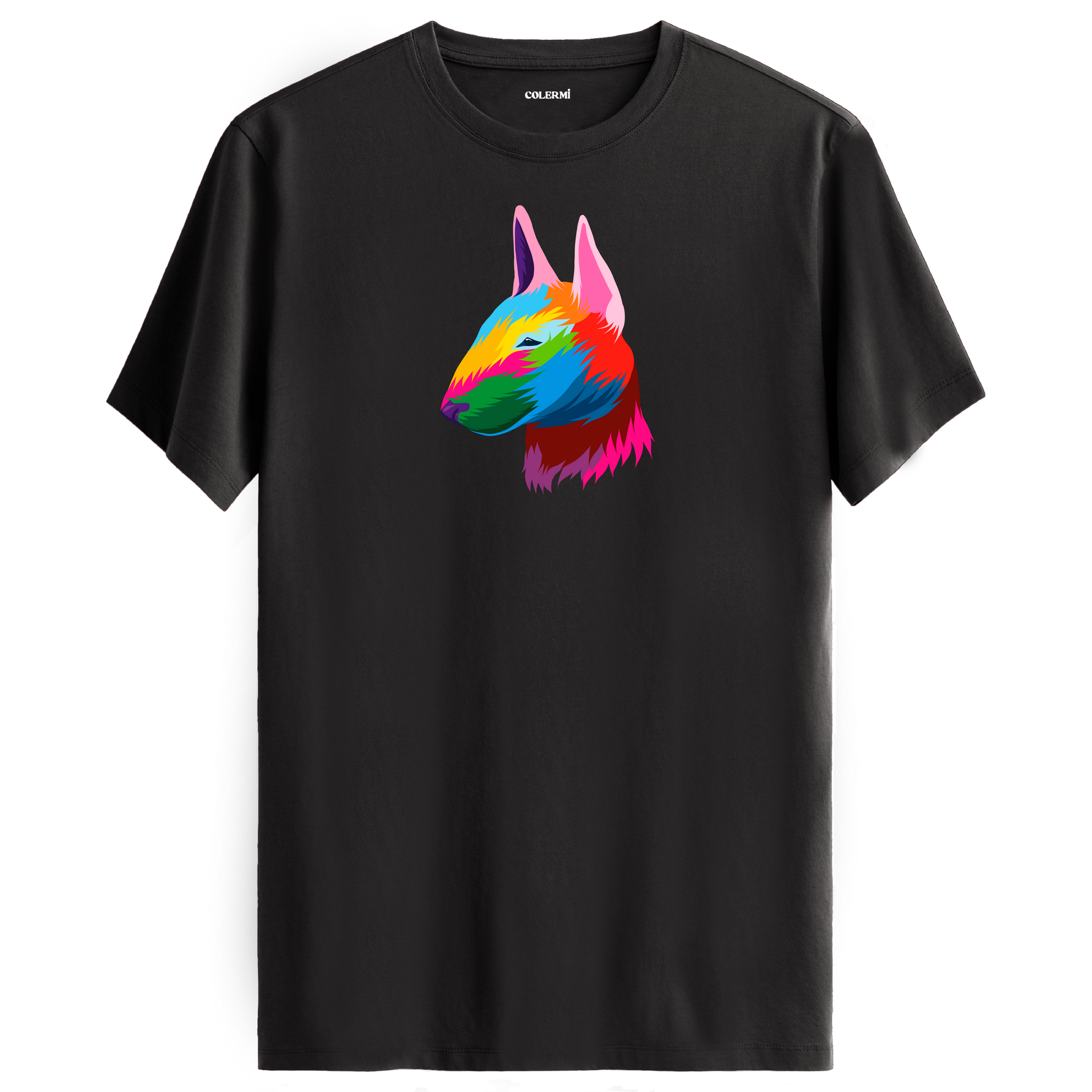 Antrasit tişört üzerinde renkli Rocky Bull Terrier köpek baskısı