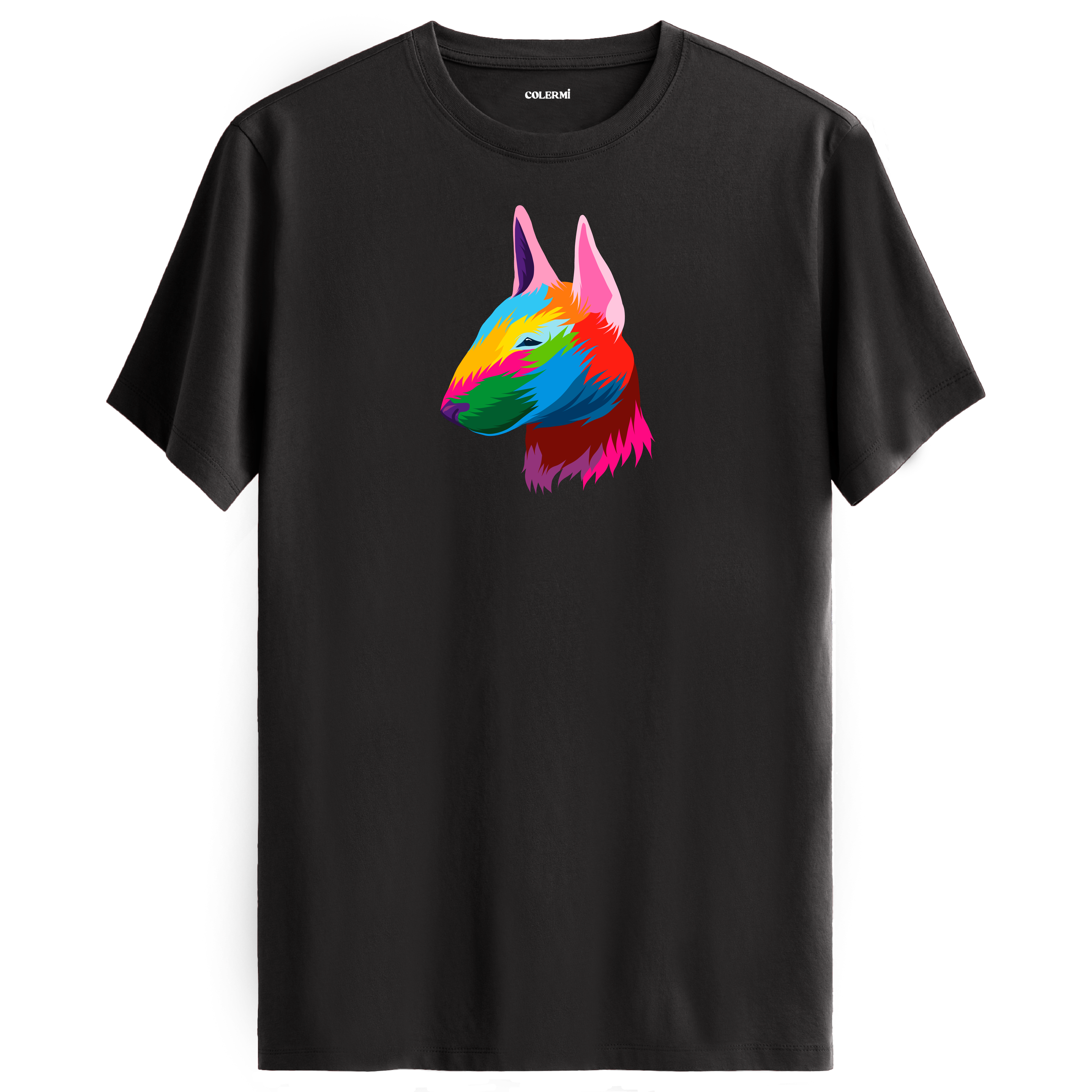 Antrasit tişört üzerinde renkli Rocky Bull Terrier köpek baskısı