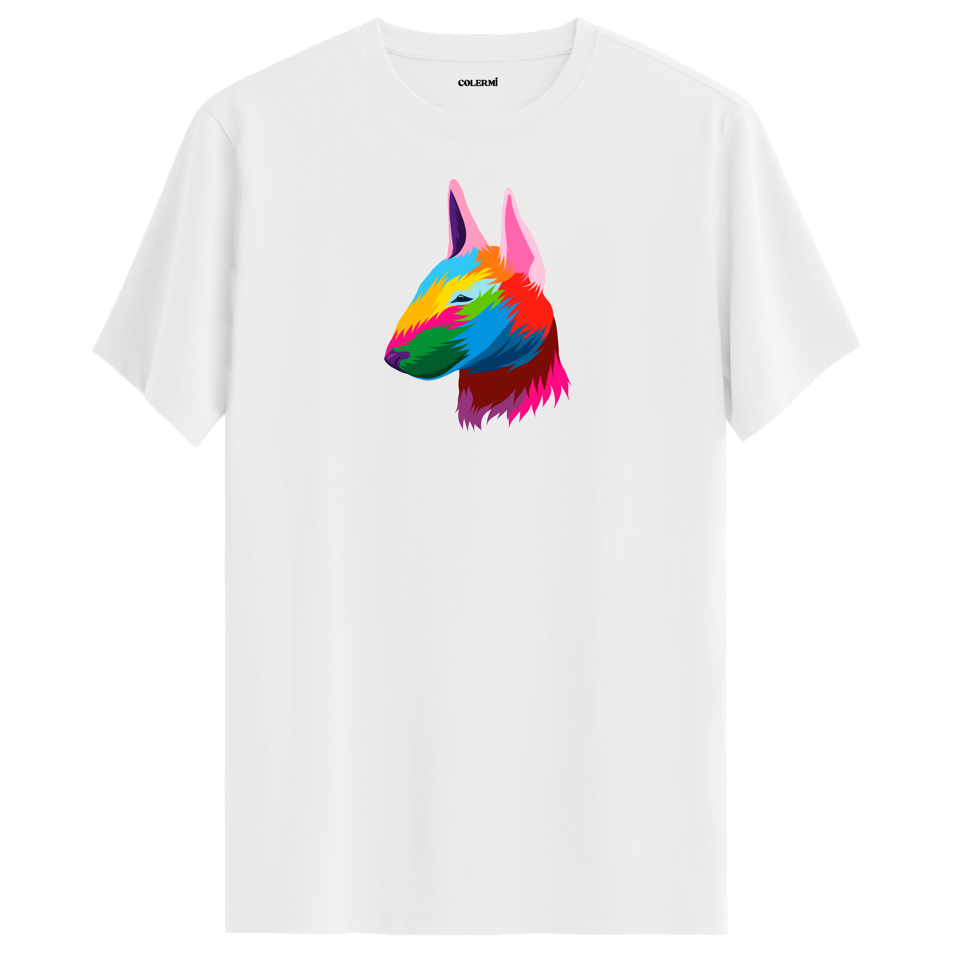 Beyaz tişört üzerinde renkli Rocky Bull Terrier köpek baskısı