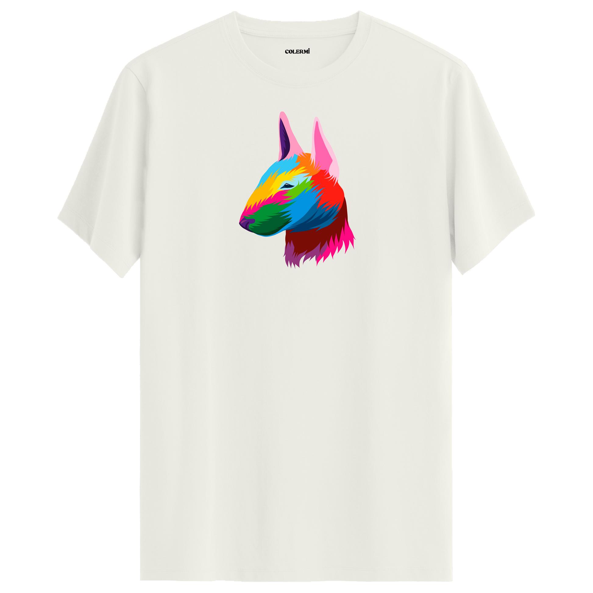 Ekru tişört üzerinde renkli Rocky Bull Terrier köpek baskısı