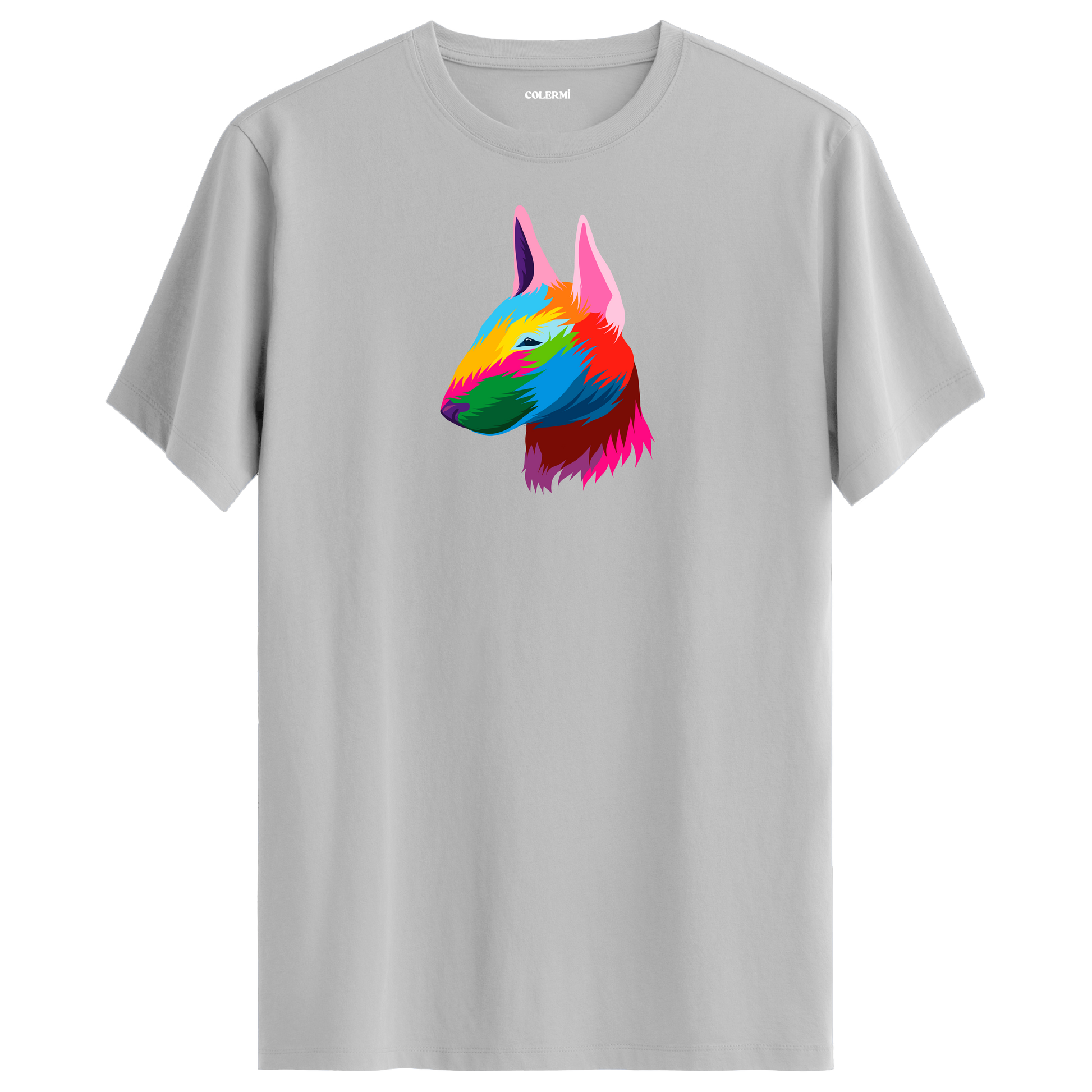 Gri tişört üzerinde renkli Rocky Bull Terrier köpek baskısı