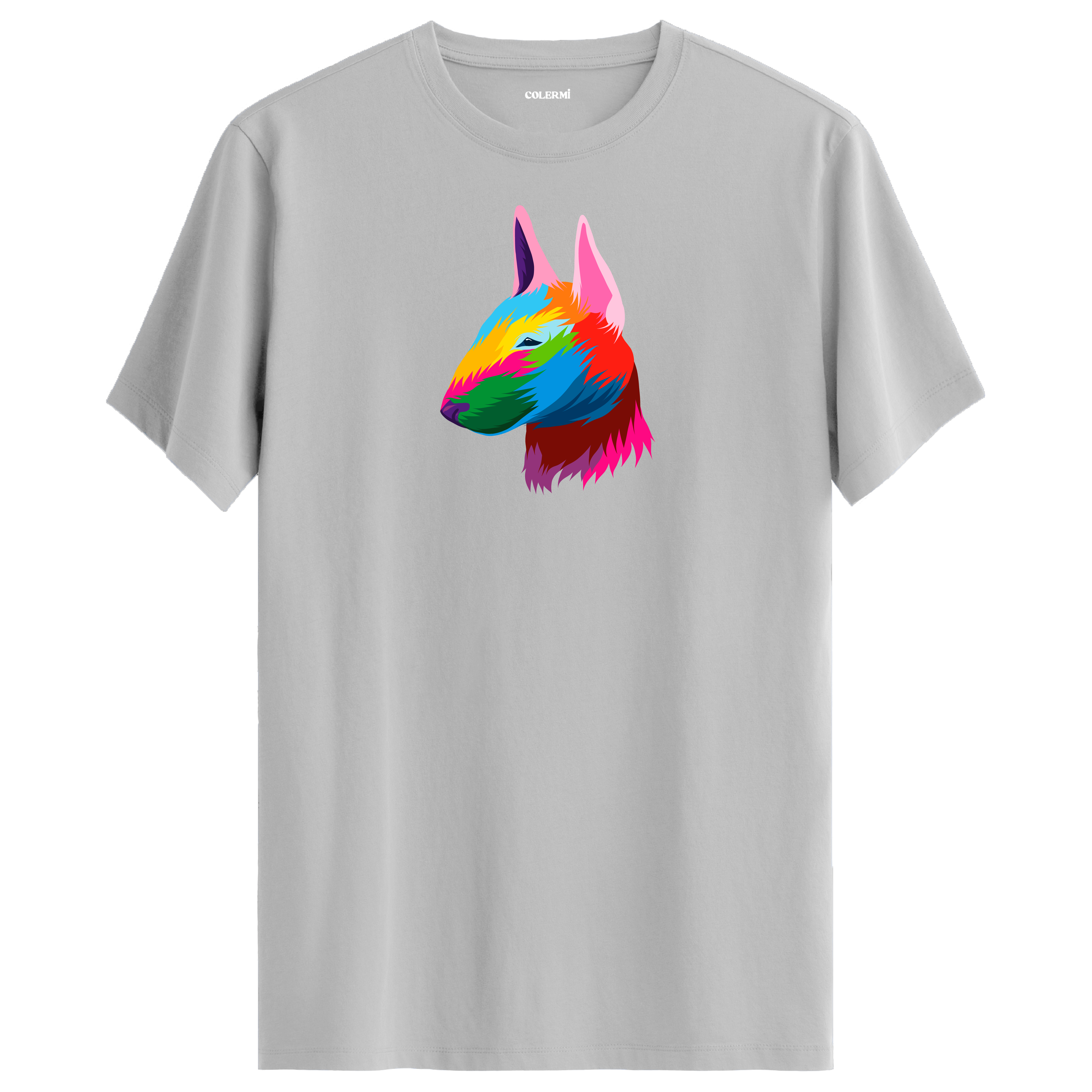 Gri tişört üzerinde renkli Rocky Bull Terrier köpek baskısı