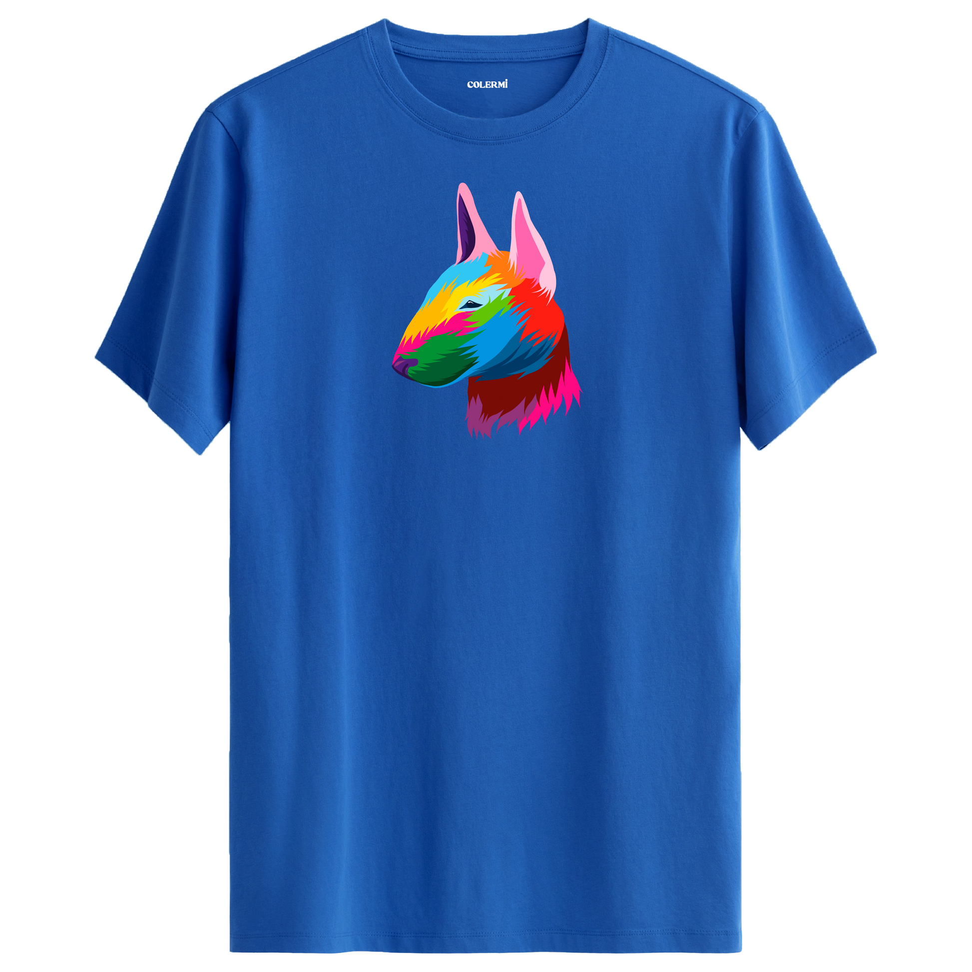 Mavi tişört üzerinde renkli Rocky Bull Terrier köpek baskısı