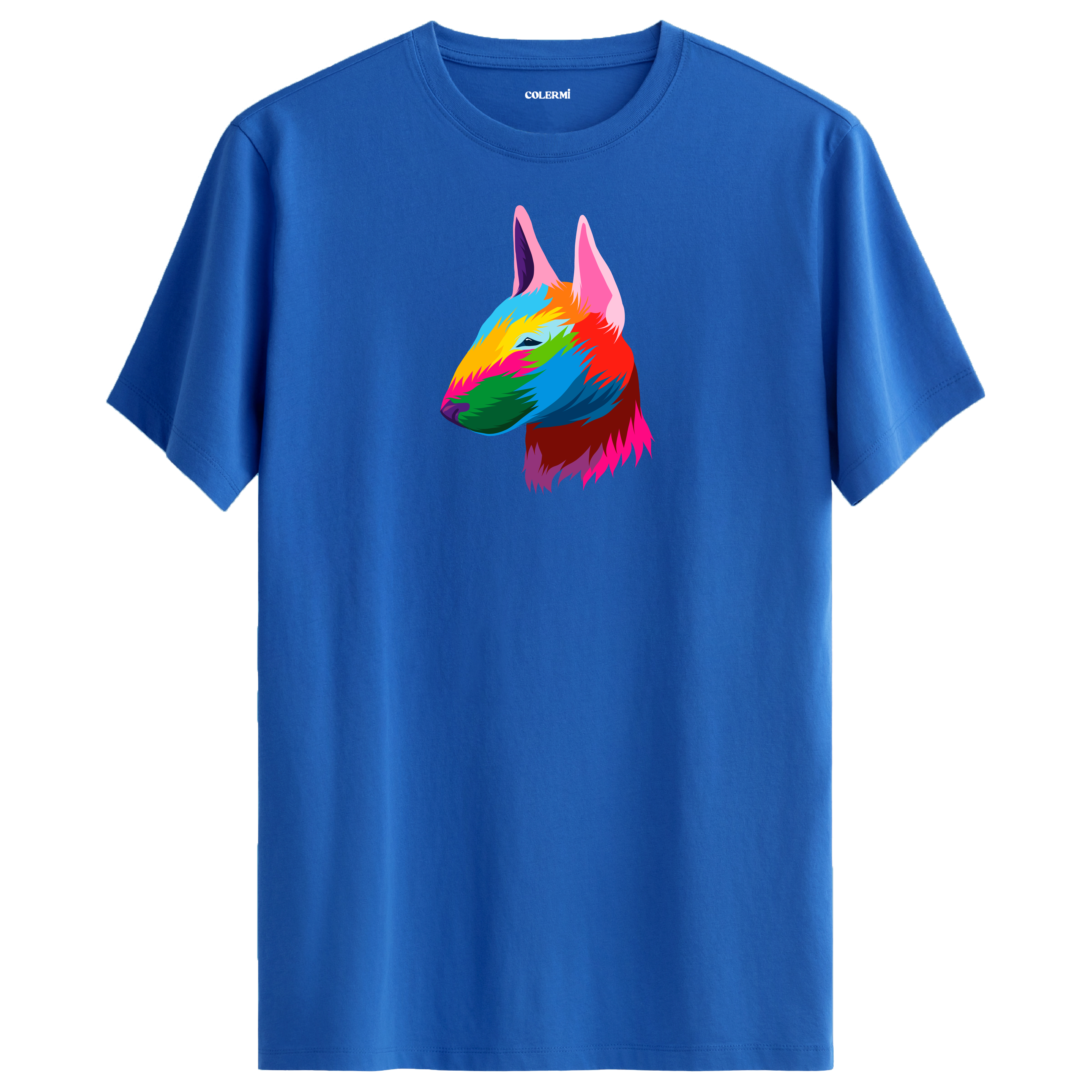 Mavi tişört üzerinde renkli Rocky Bull Terrier köpek baskısı