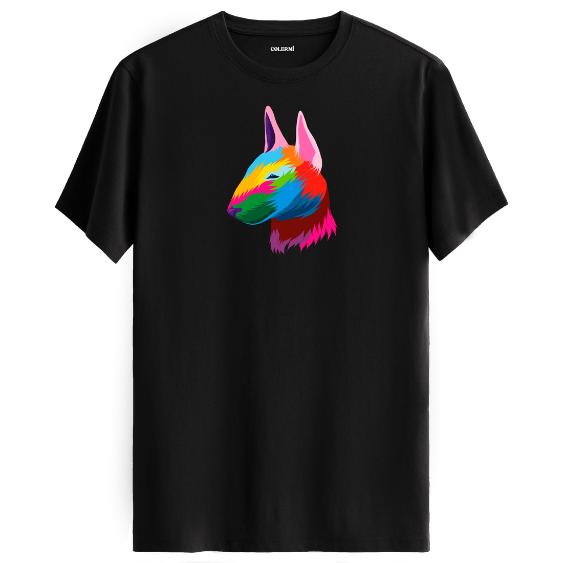 Siyah tişört üzerinde renkli Rocky Bull Terrier köpek baskısı