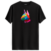 Siyah tişört üzerinde renkli Rocky Bull Terrier köpek baskısı