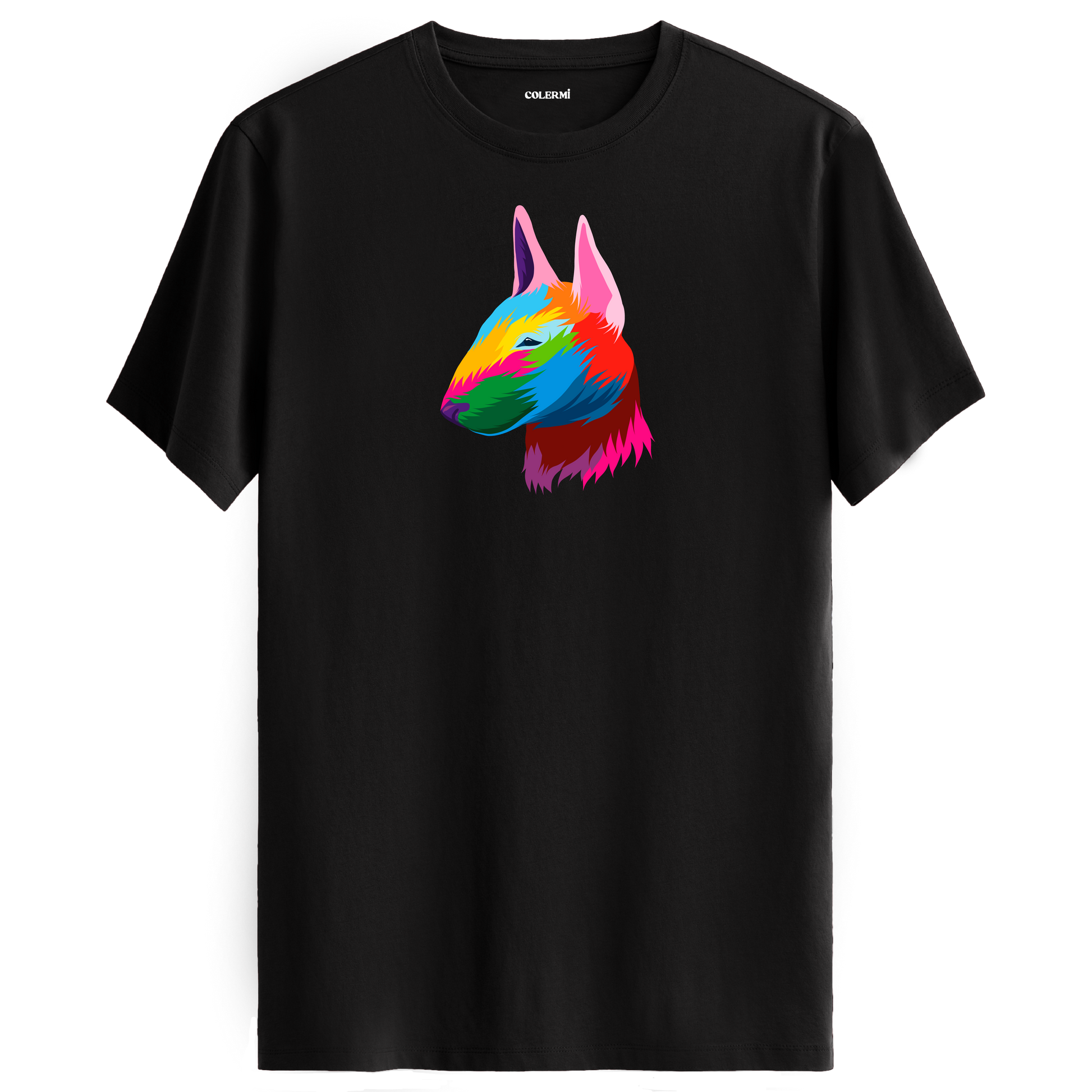Siyah tişört üzerinde renkli Rocky Bull Terrier köpek baskısı