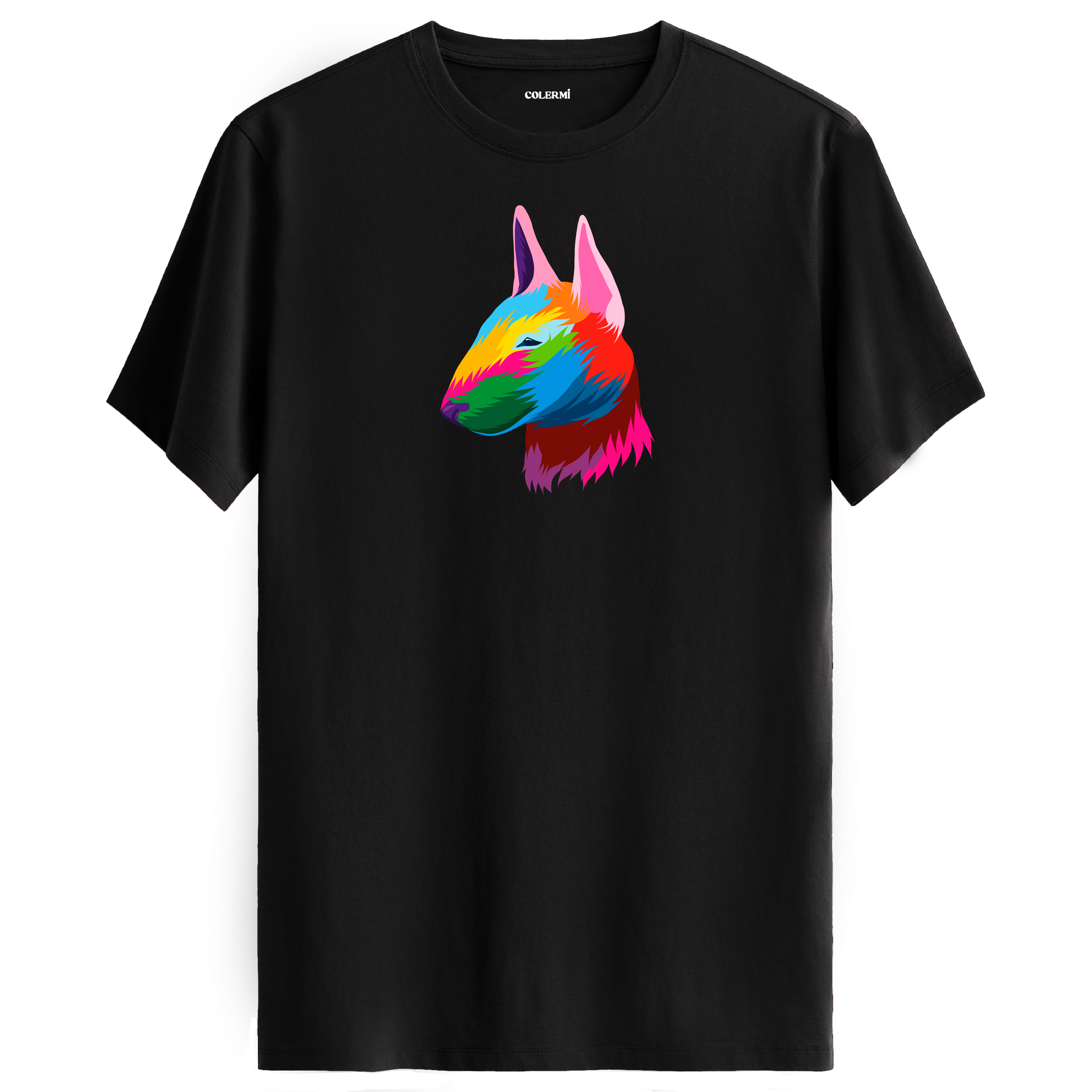 Siyah tişört üzerinde renkli Rocky Bull Terrier köpek baskısı