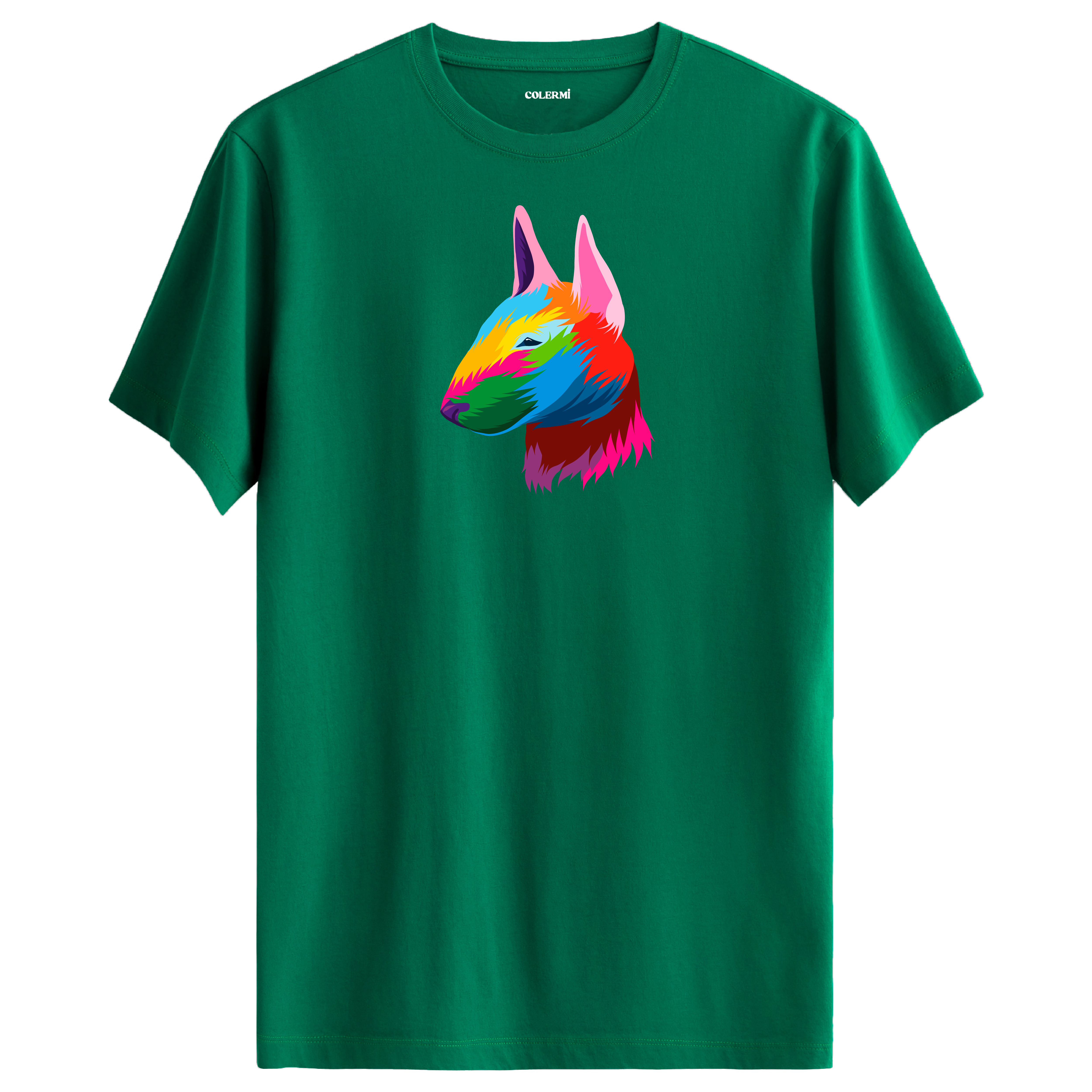 Yeşil tişört üzerinde renkli Rocky Bull Terrier köpek baskısı