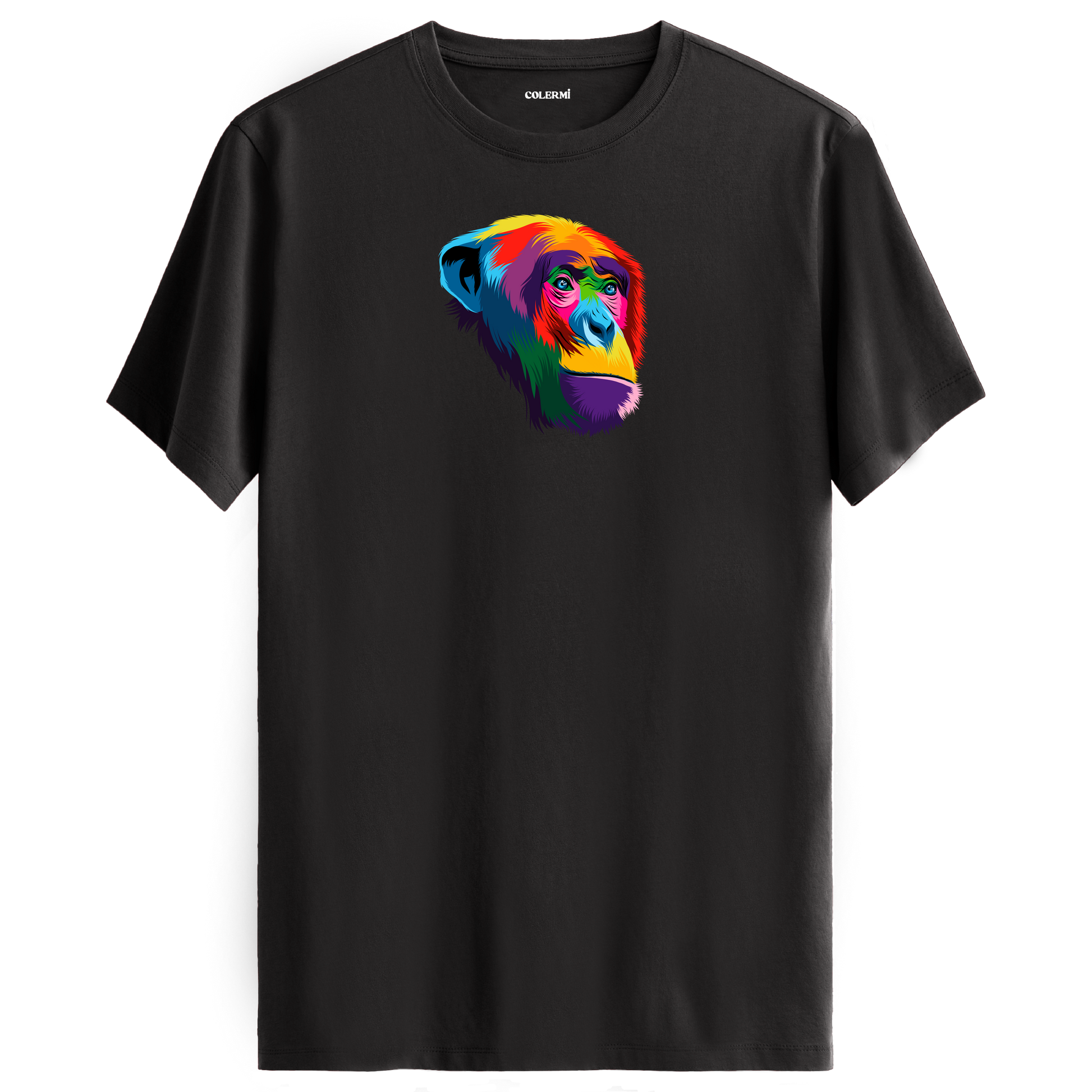 Antrasit tişört üzerinde renkli şempanze baskısı